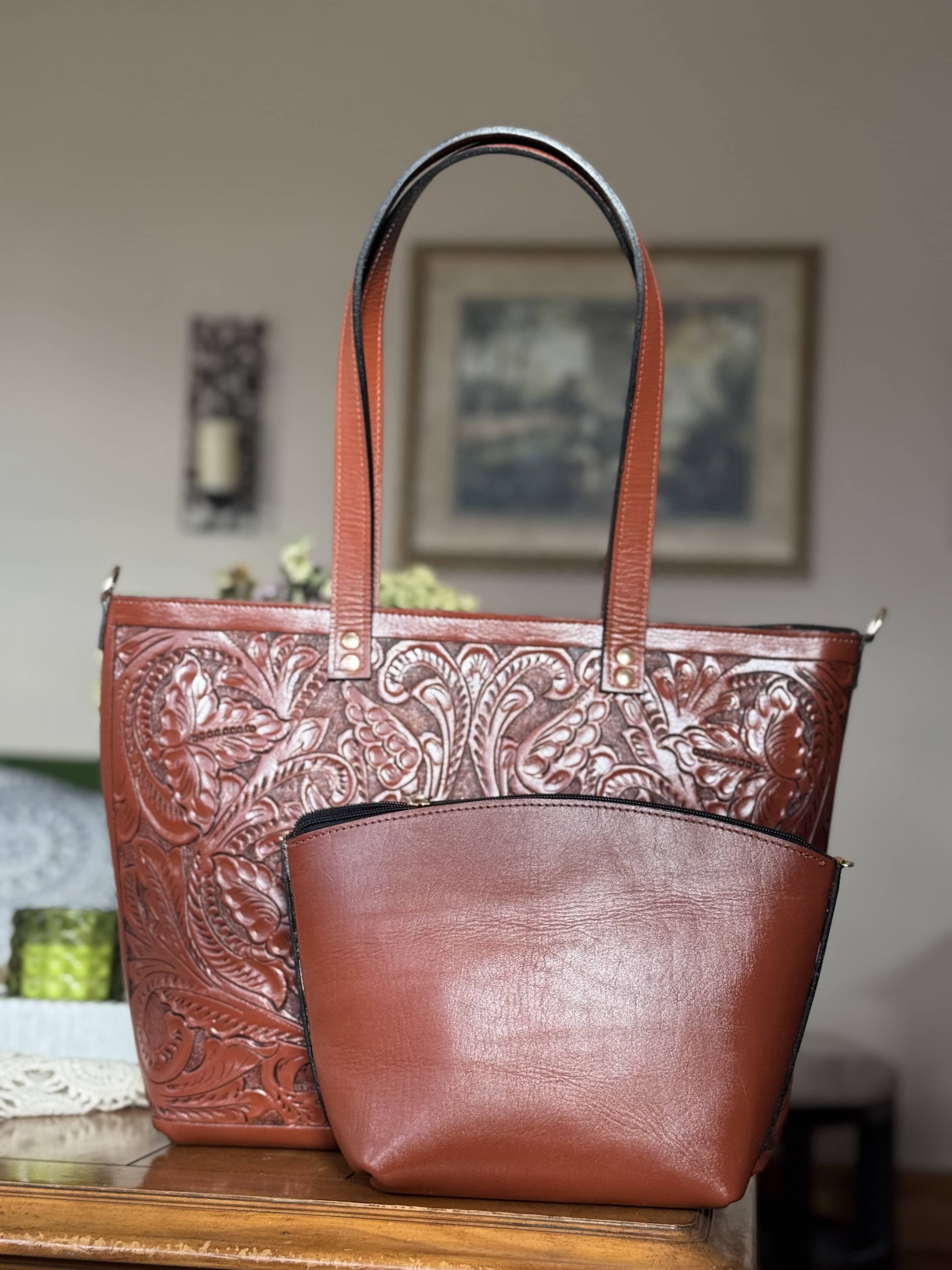 PREORDER | Carolina Tooled Leather Tote | Chedron - Mirasol Accessories