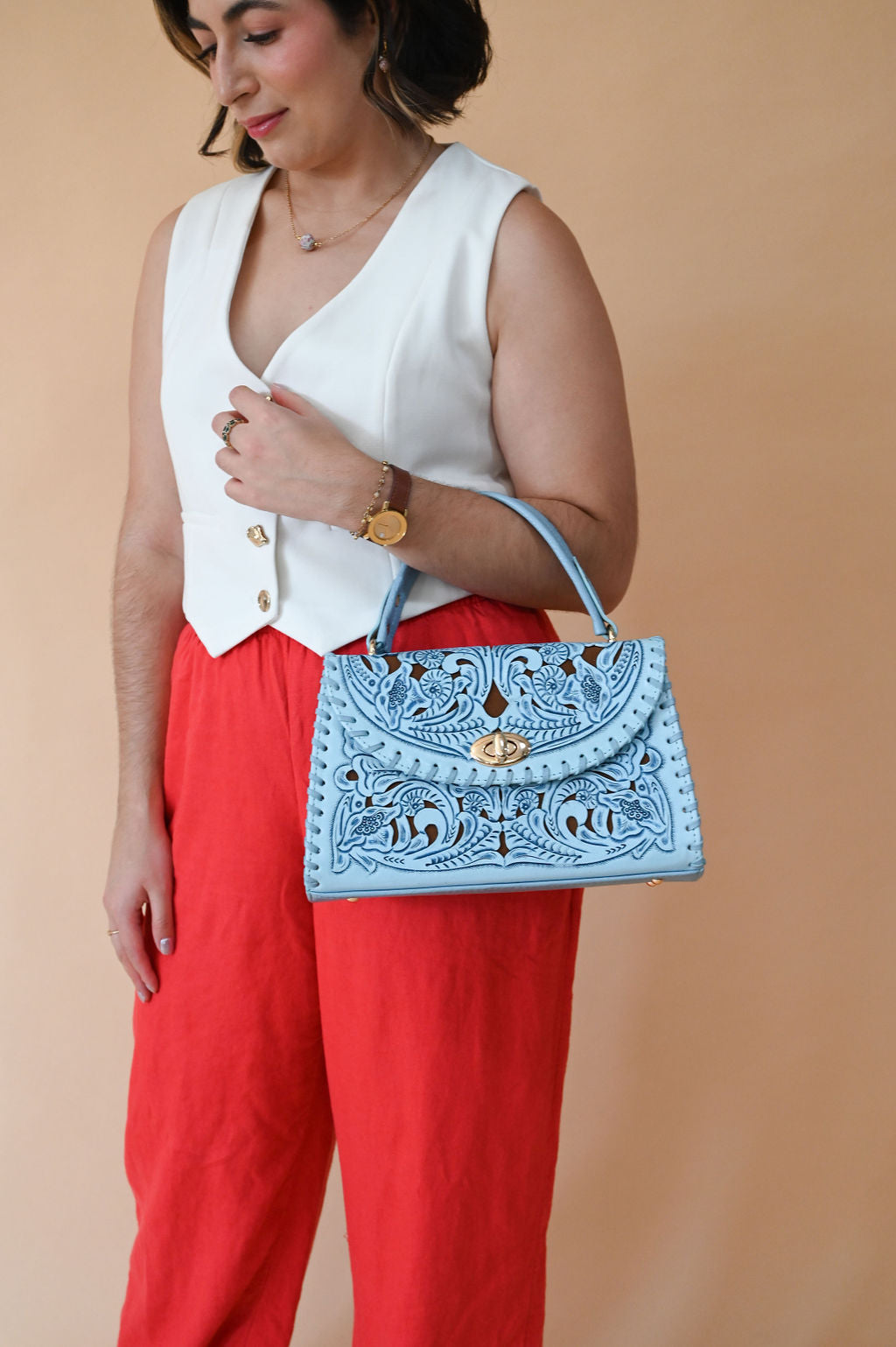 Clara Tooled Leather Crossbody | Cielo Azul - Mirasol Accessories