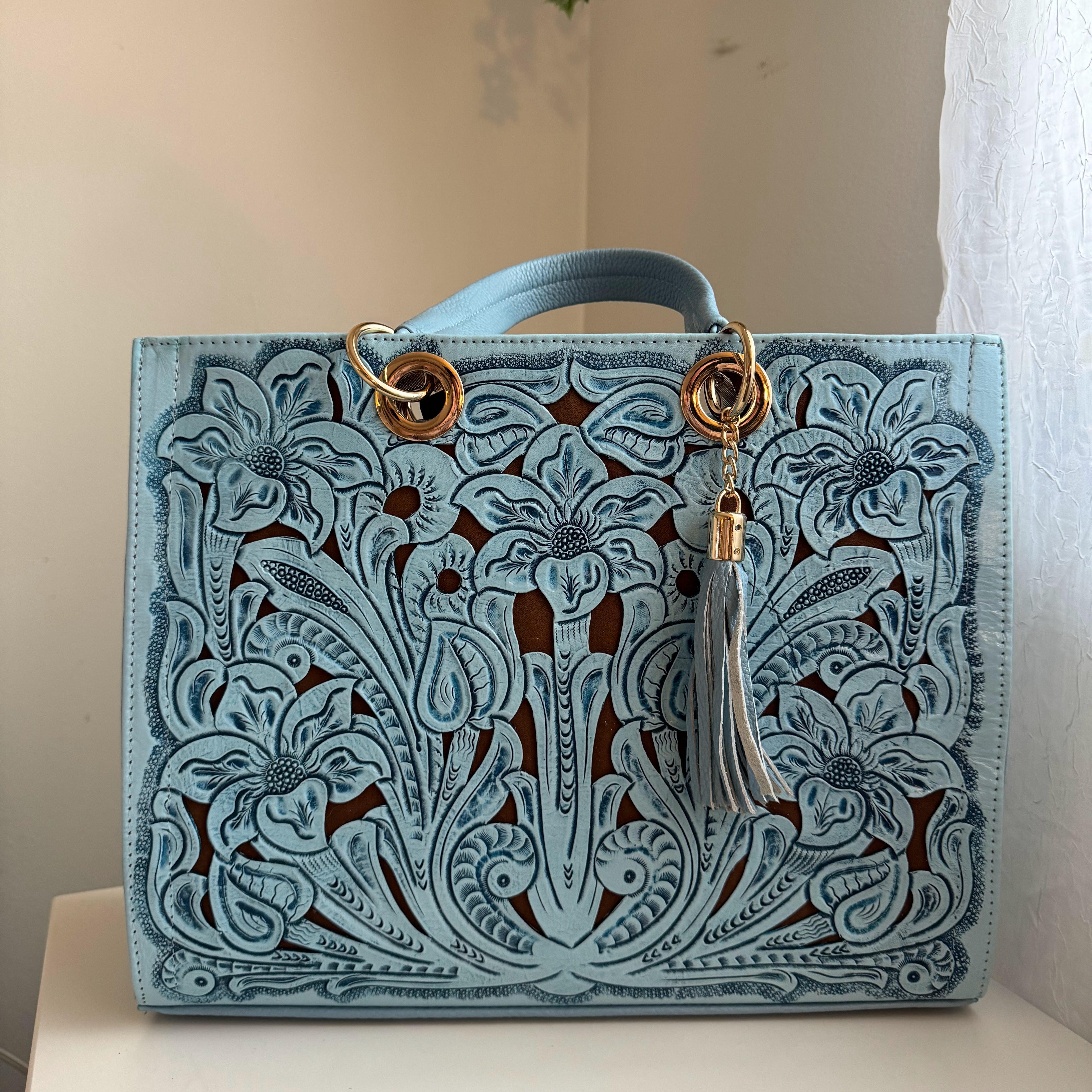 Jacqueline Tooled Leather Tote | Cielo Azul - Mirasol Accessories