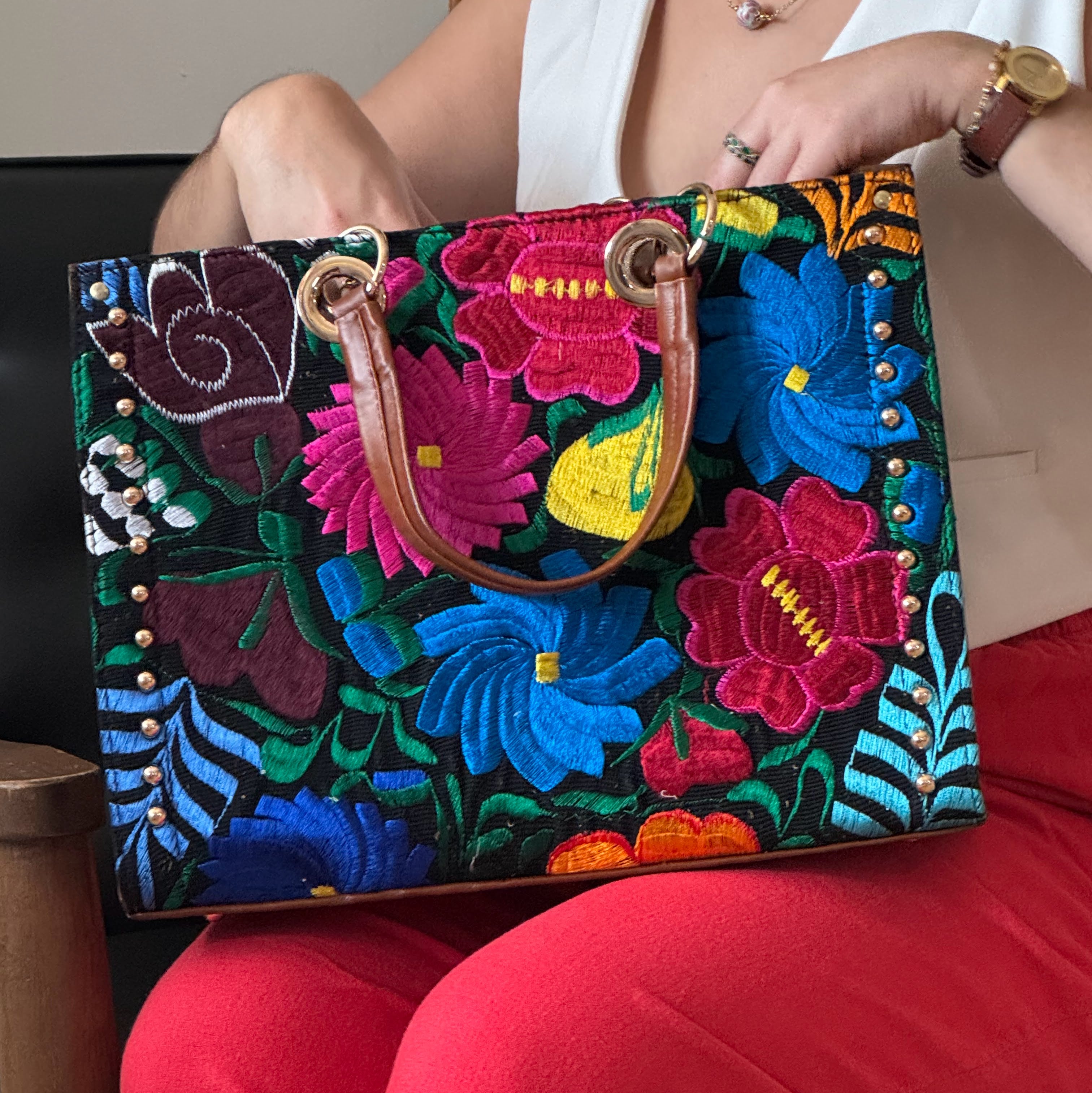 Jacqueline Embroidered Leather Tote - Mirasol Accessories