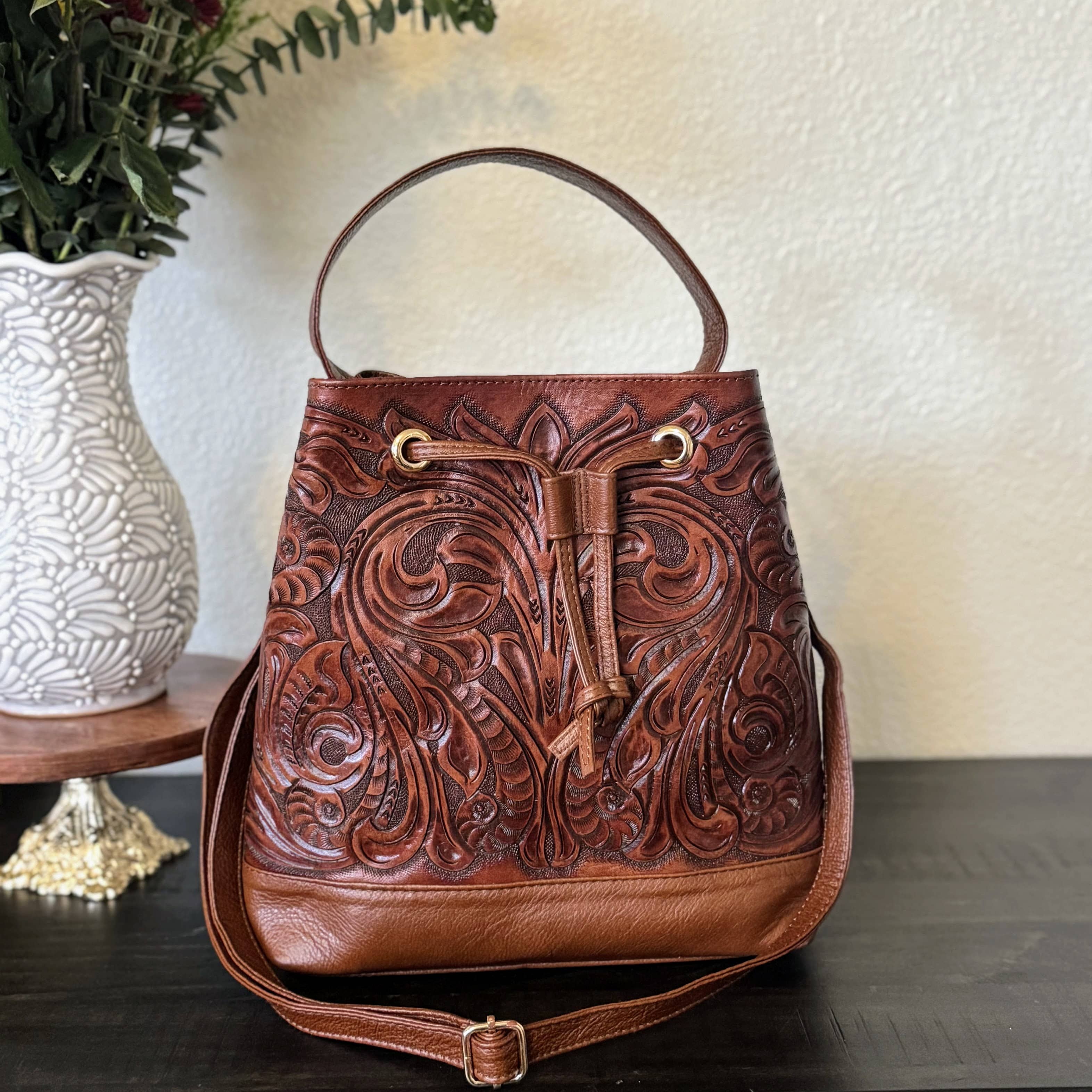 Juliana Tooled Leather Bucket Bag | Shedron