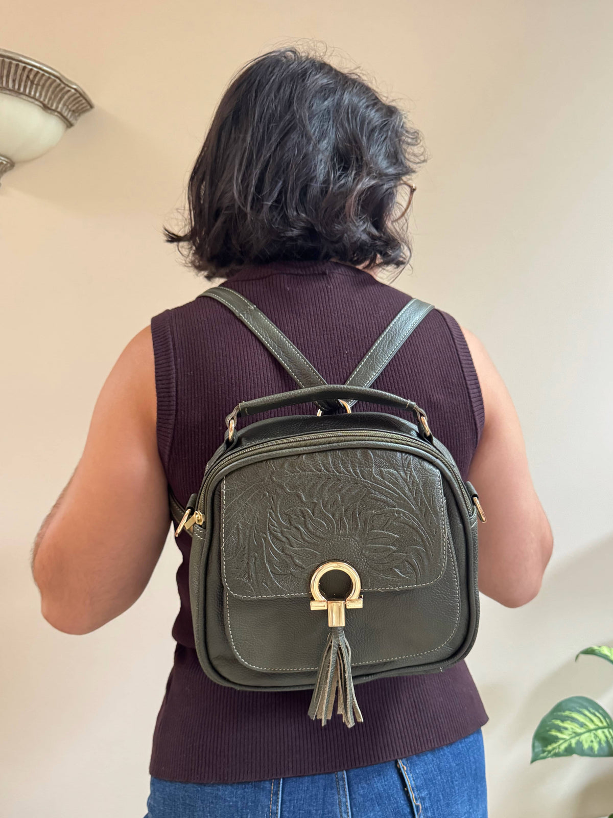 Magdalena Leather Convertible Mini Backpack | Olive - Mirasol Accessories