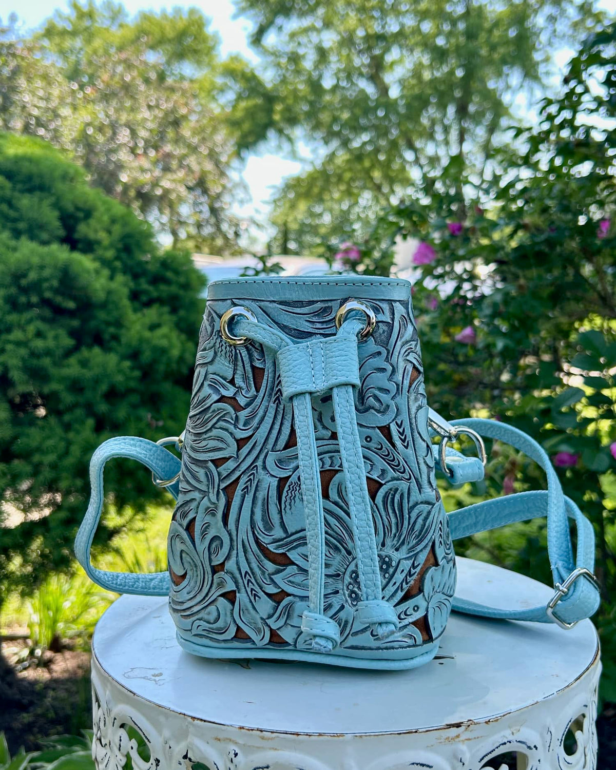 Mercedes Mini Tooled Leather Bucket Bag | Azul Cielo