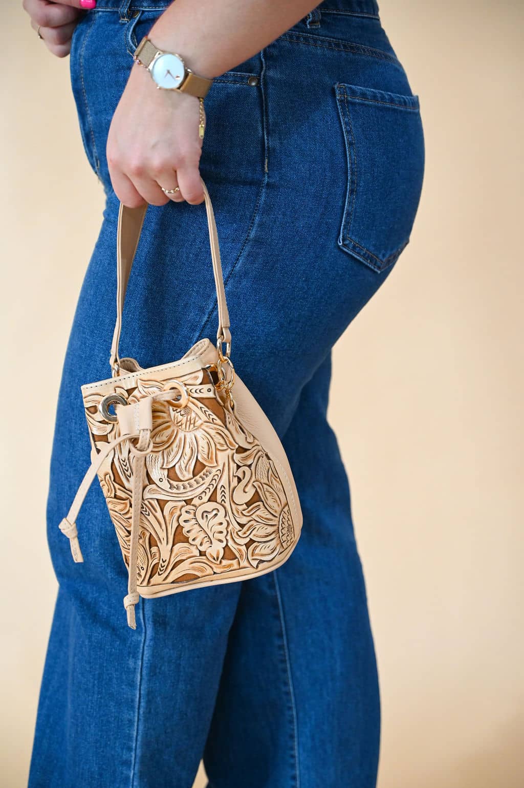 Mercedes Mini Tooled Leather Bucket Bag | Nude - Mirasol Accessories
