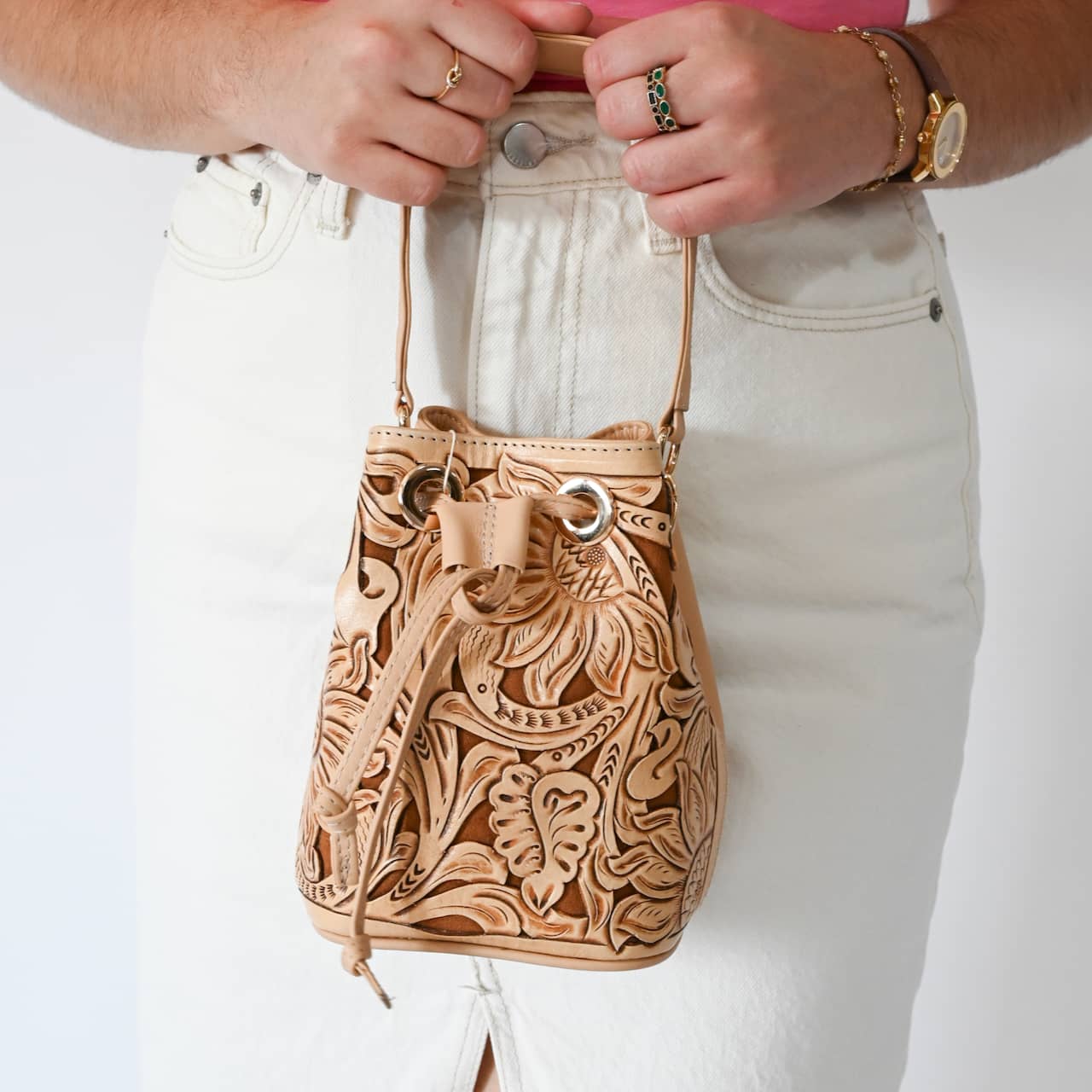 Mercedes Mini Tooled Leather Bucket Bag | Nude - Mirasol Accessories