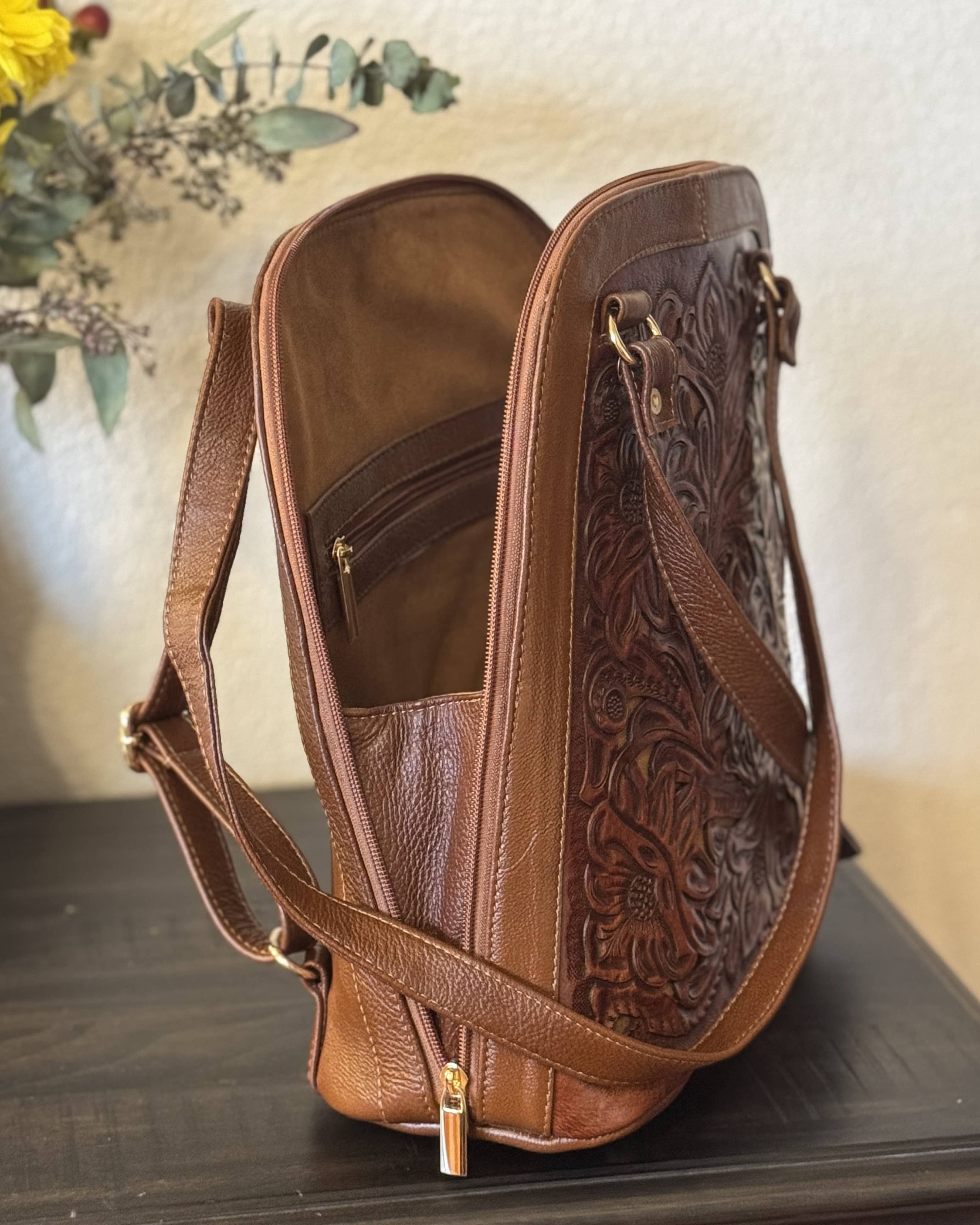 Natalia Tooled Leather Convertible Backpack | Cafe