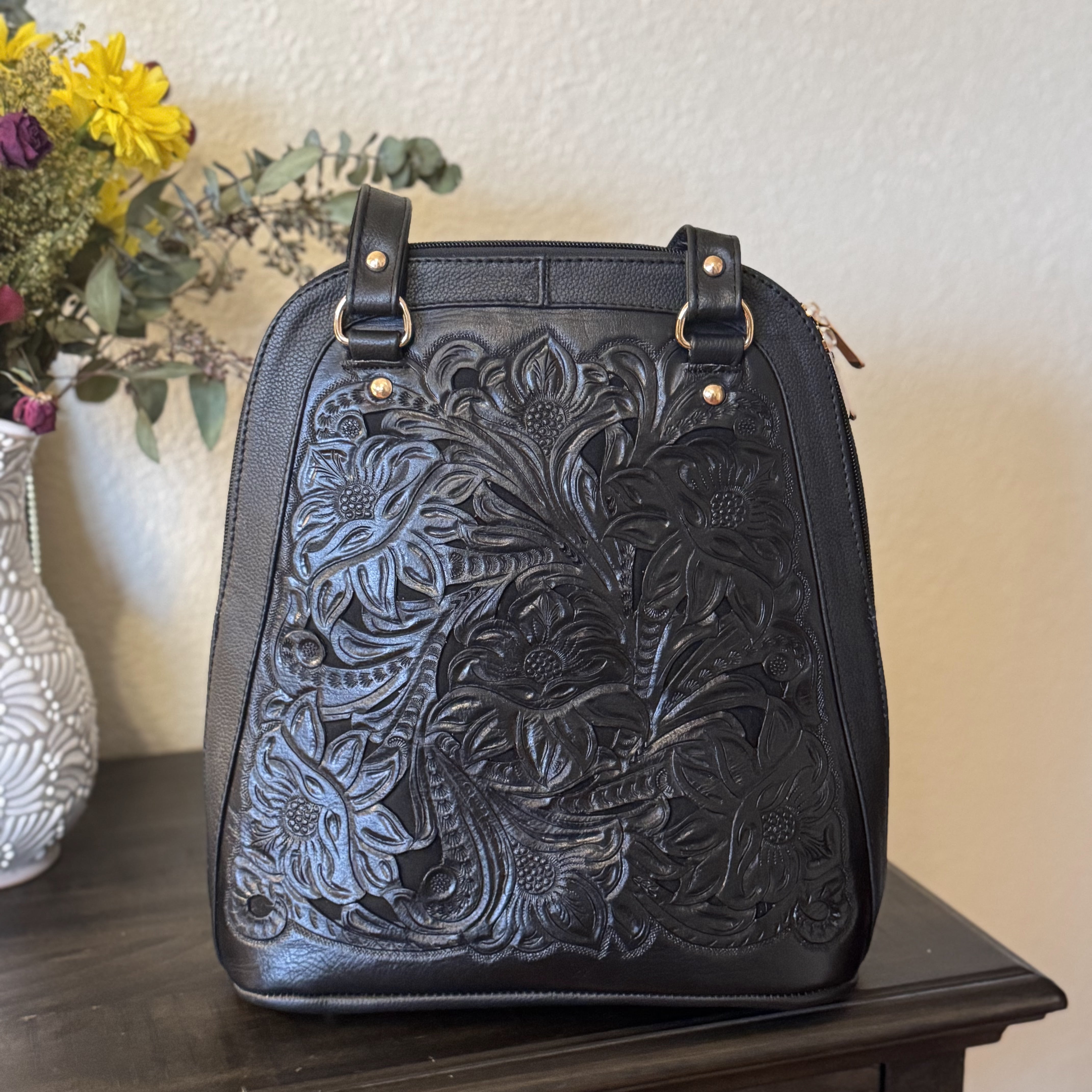 Natalia Tooled Leather Convertible Backpack | Black