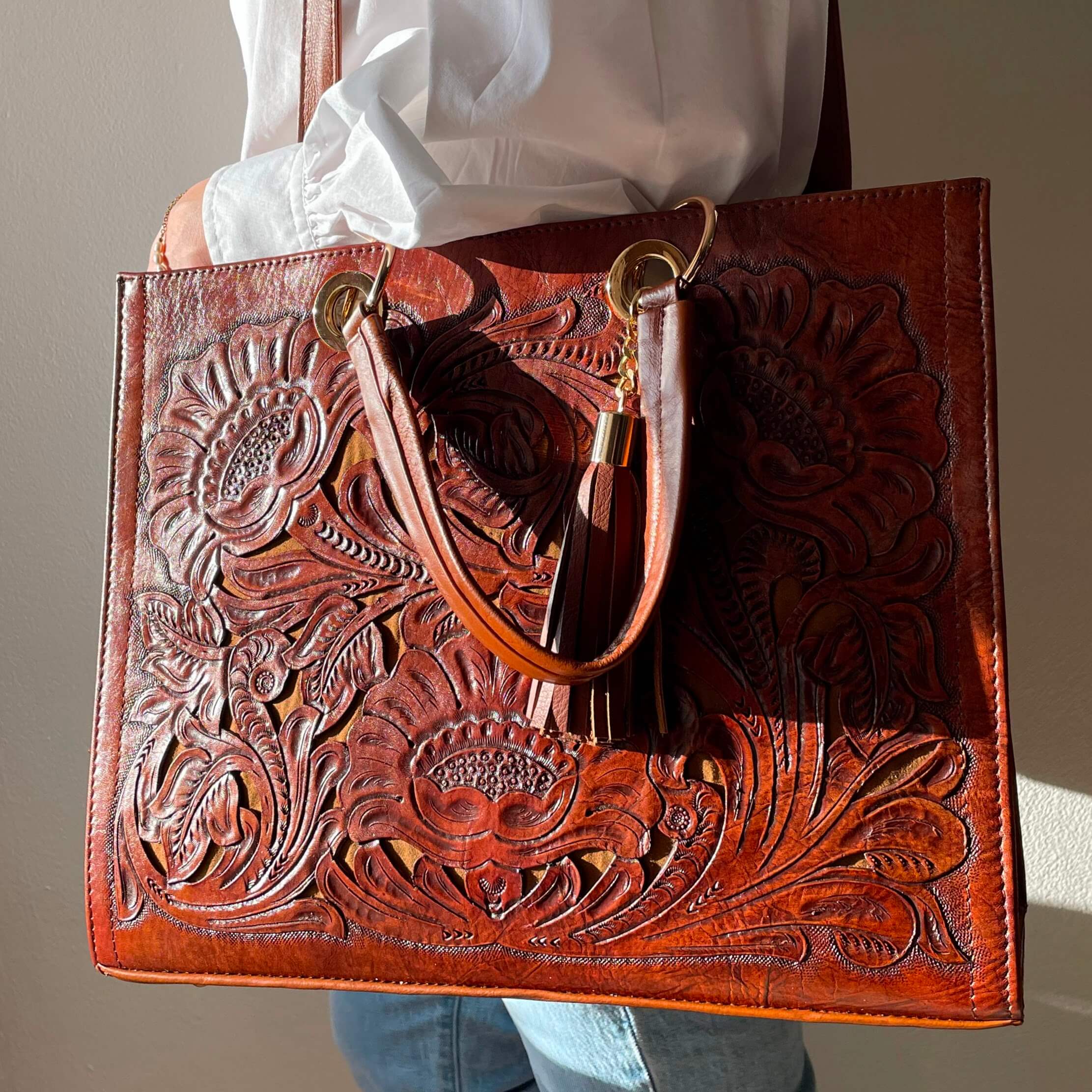 Jacqueline Tooled Leather Tote | Cafe