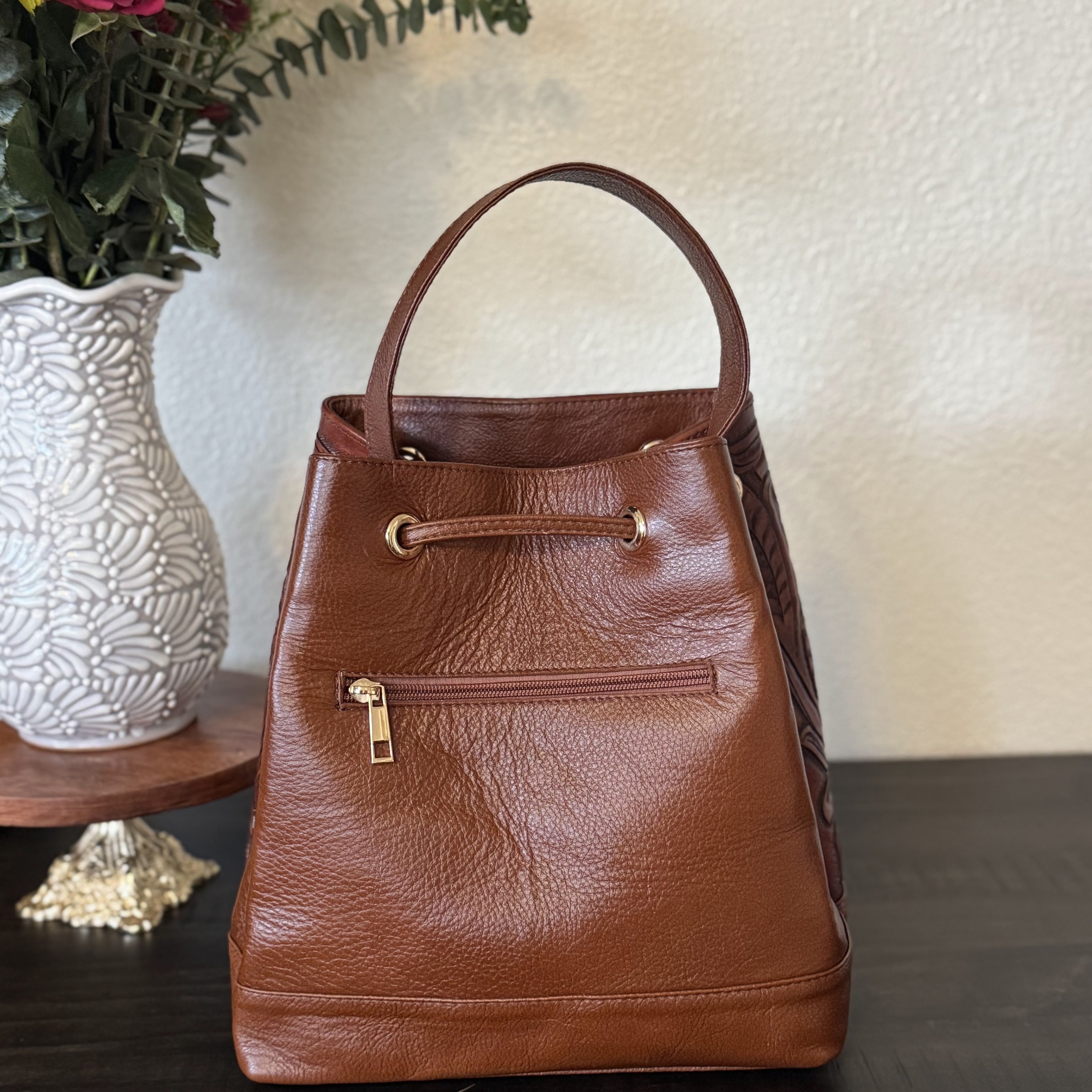 Juliana Tooled Leather Bucket Bag | Shedron