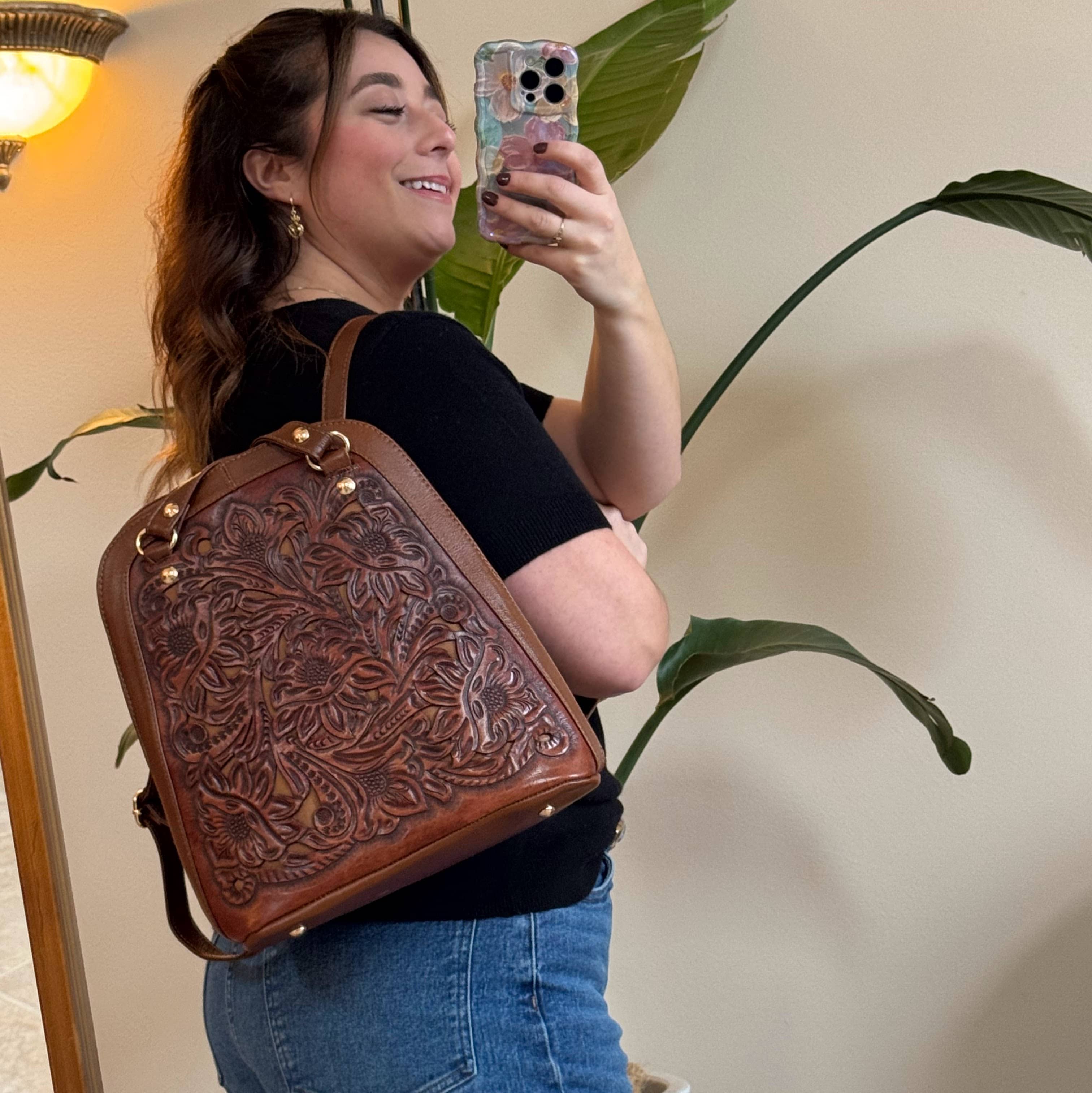 Natalia Tooled Leather Convertible Backpack | Cafe