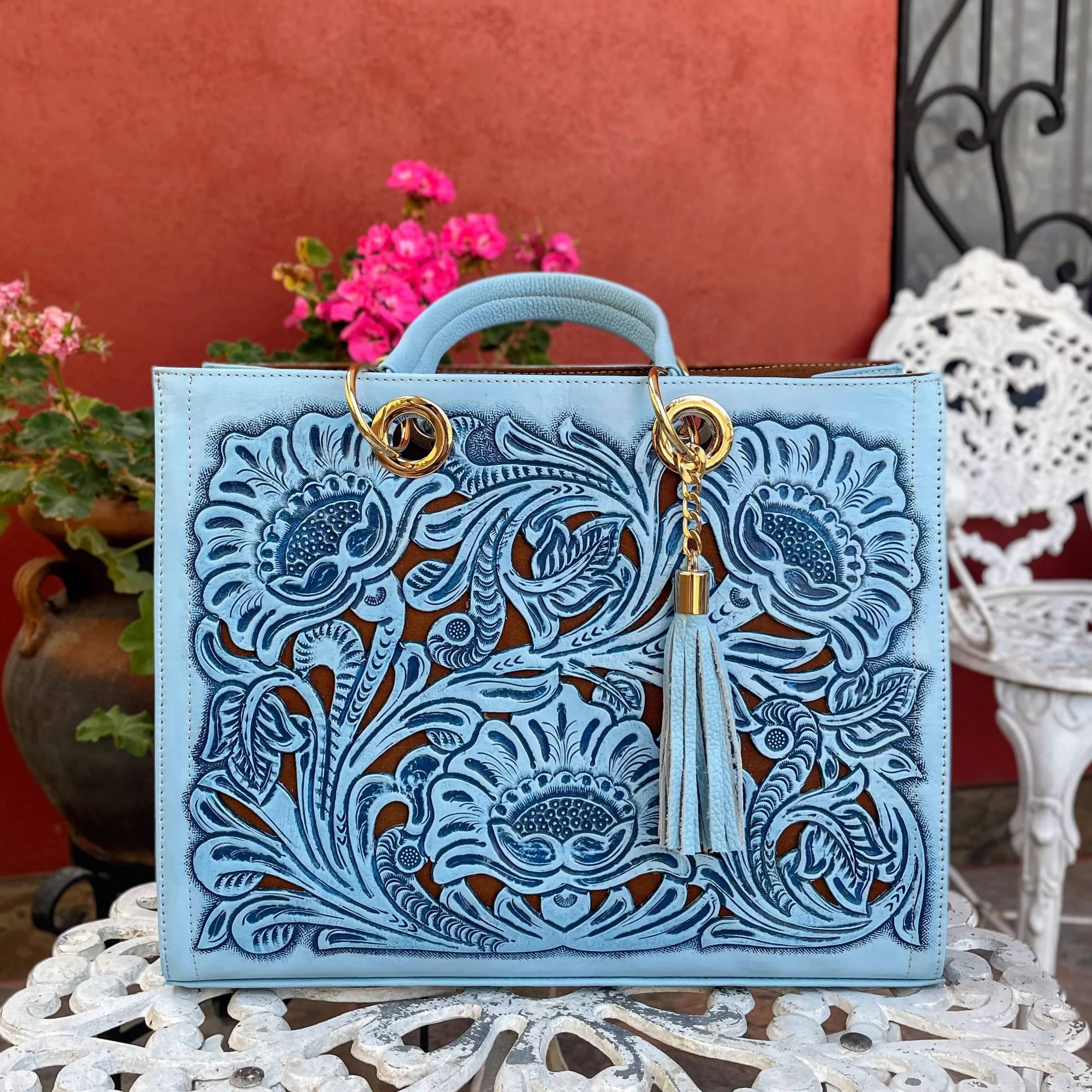 Jacqueline Tooled Leather Tote | Cielo Azul - Mirasol Accessories