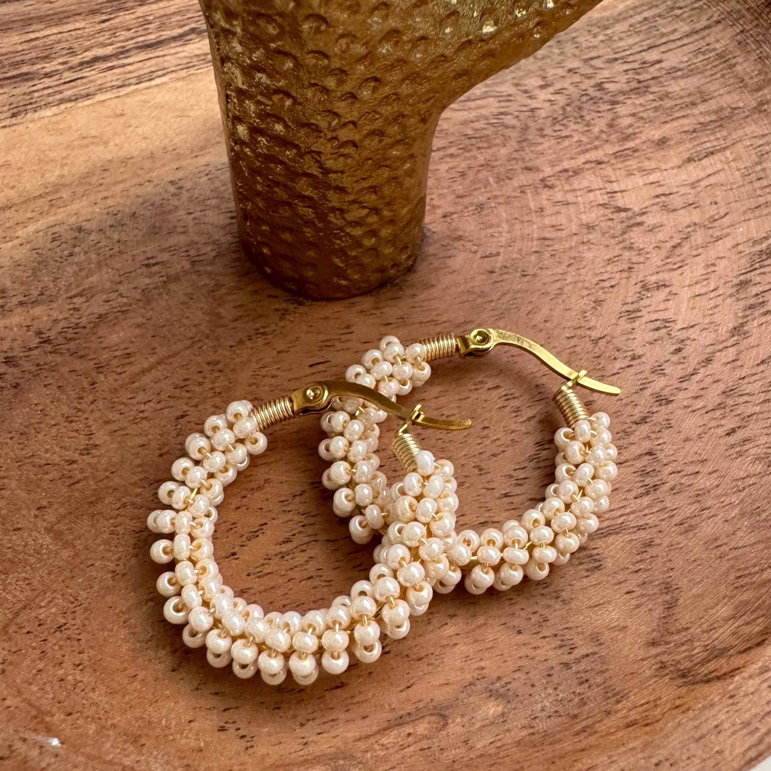 Luz Beaded Earrings Artesanales | Large	Golden Pearl - Mirasol Accessories