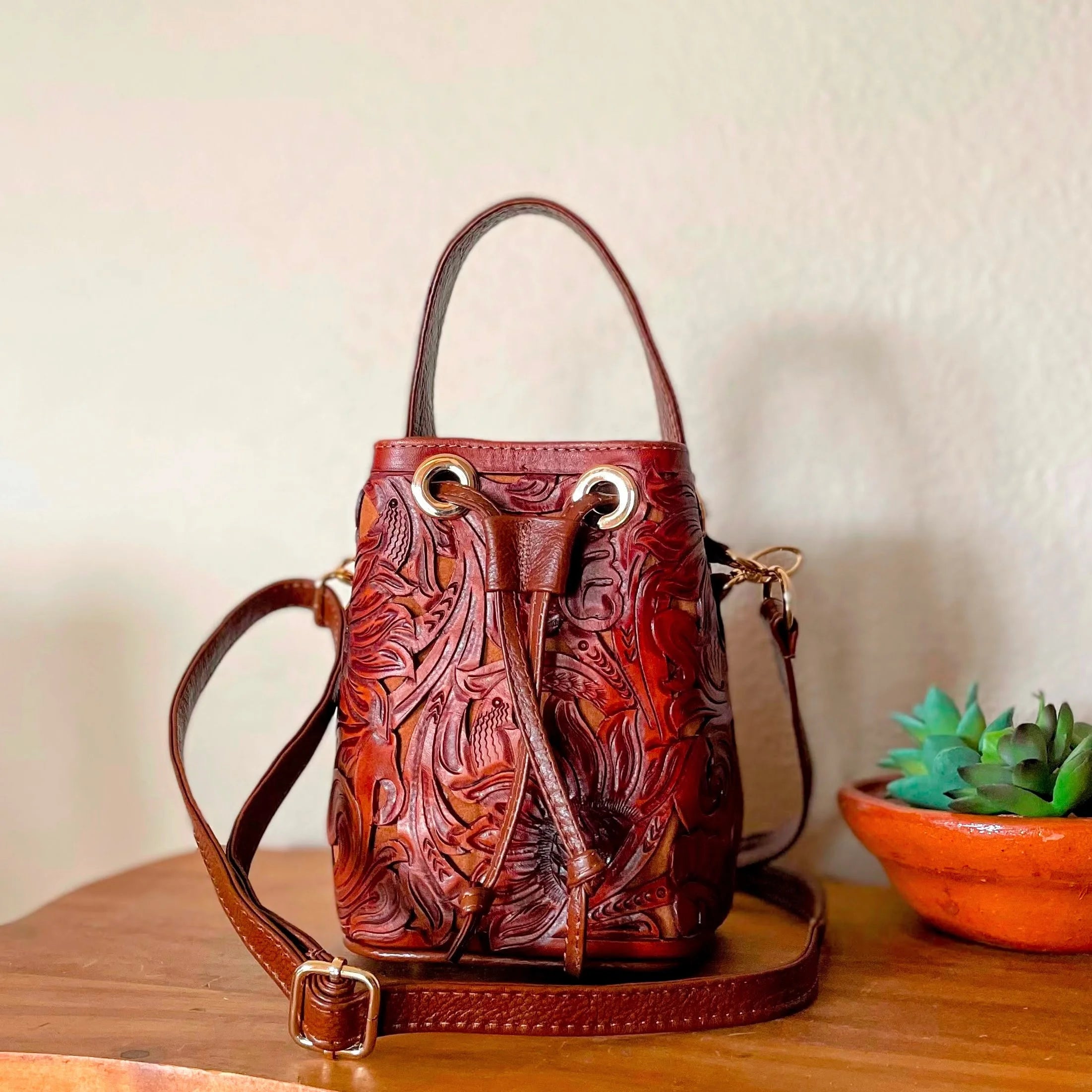 Mercedes Mini Tooled Leather Bucket Bag | Shedron - Mirasol Accessories