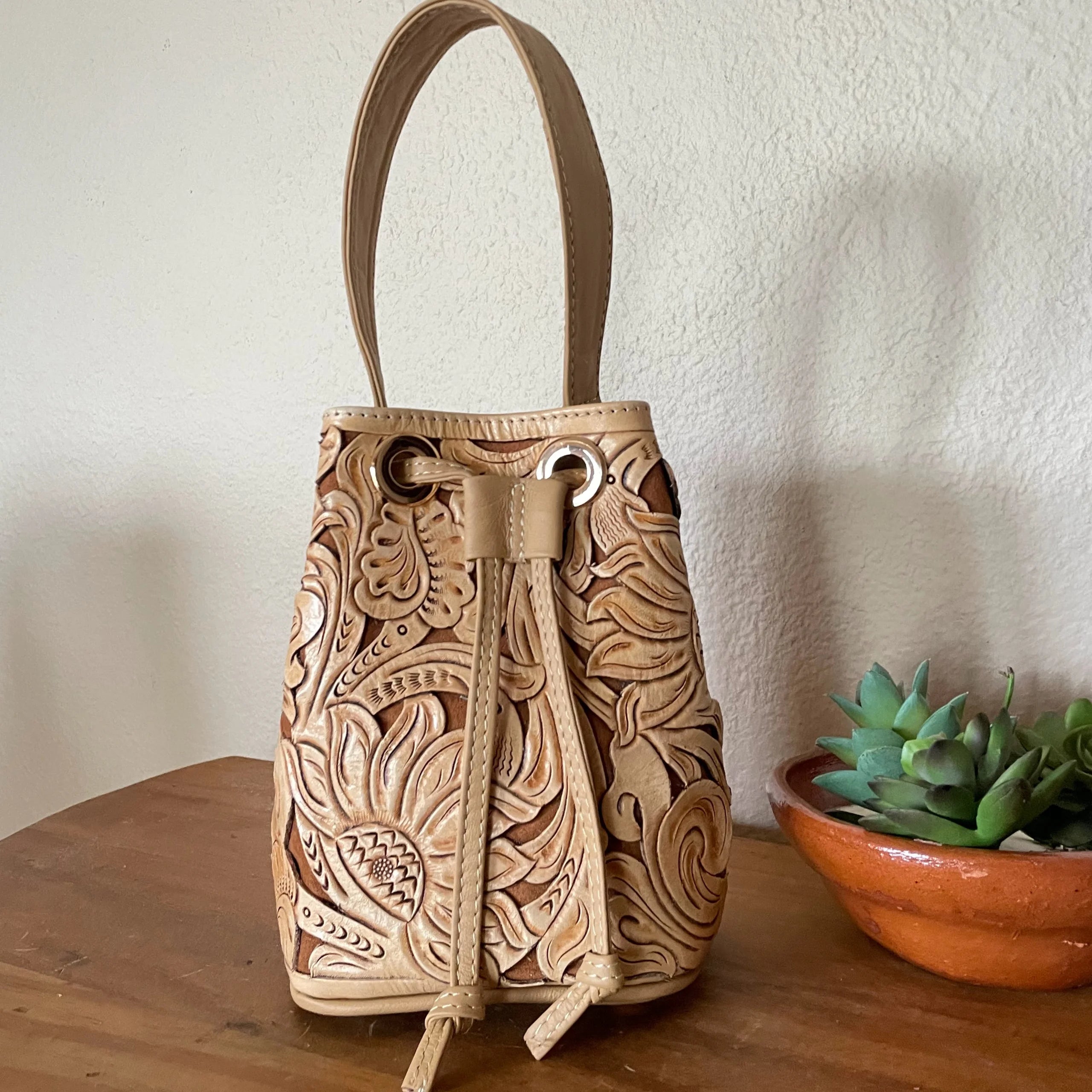 Mercedes Mini Tooled Leather Bucket Bag | Nude - Mirasol Accessories