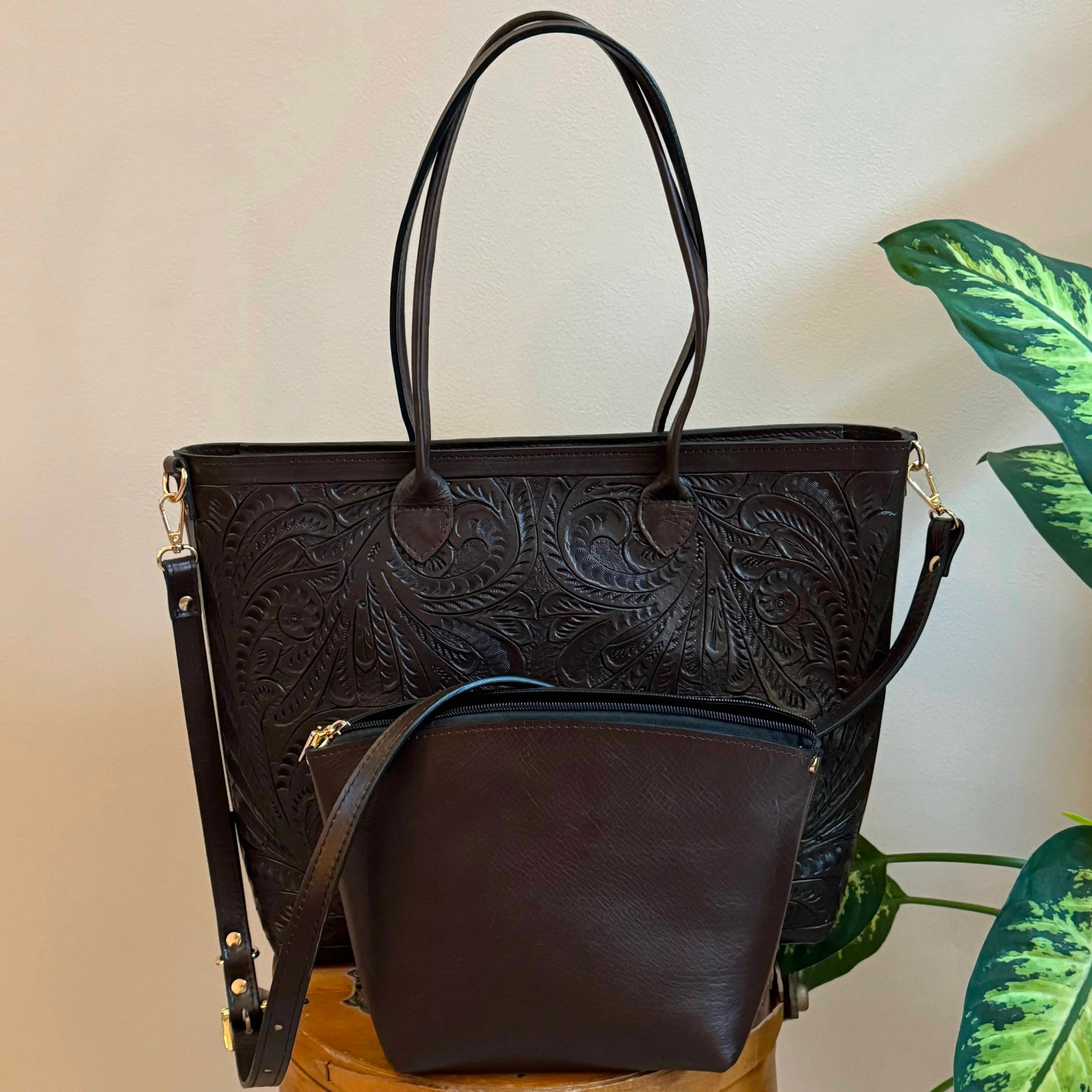 PREORDER | Galilea Tooled Leather Tote | Café Chocolate - Mirasol Accessories