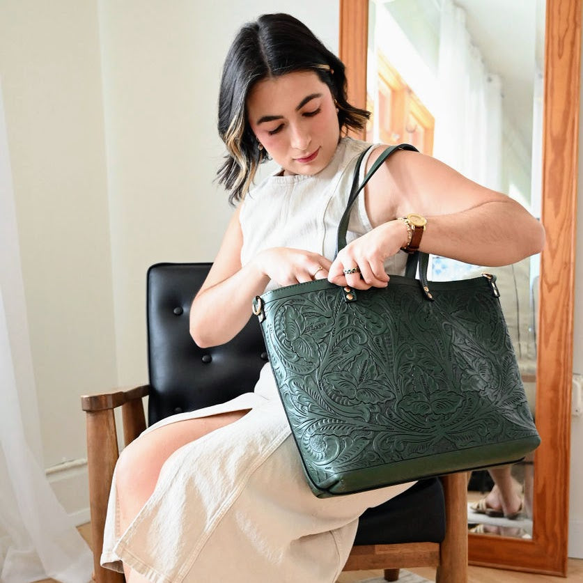 Carolina Tooled Leather Tote | Olive