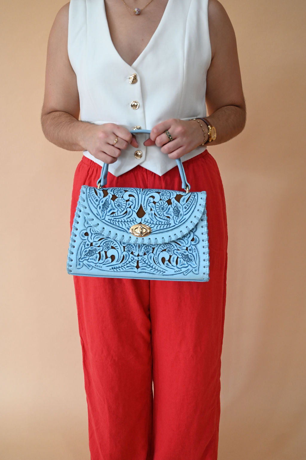 Clara Tooled Leather Crossbody | Cielo Azul