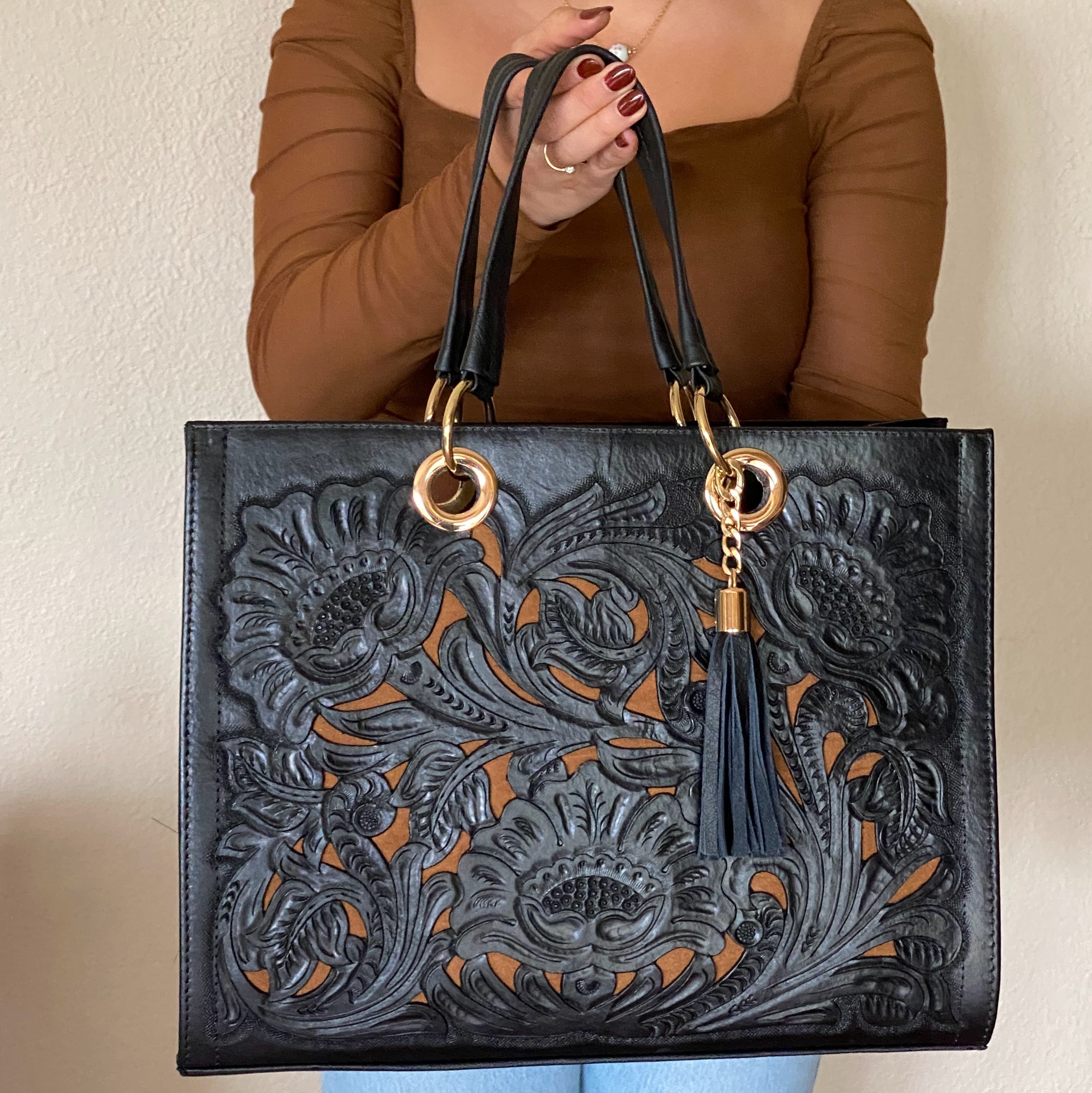 Jacqueline Tooled Leather Tote | Black