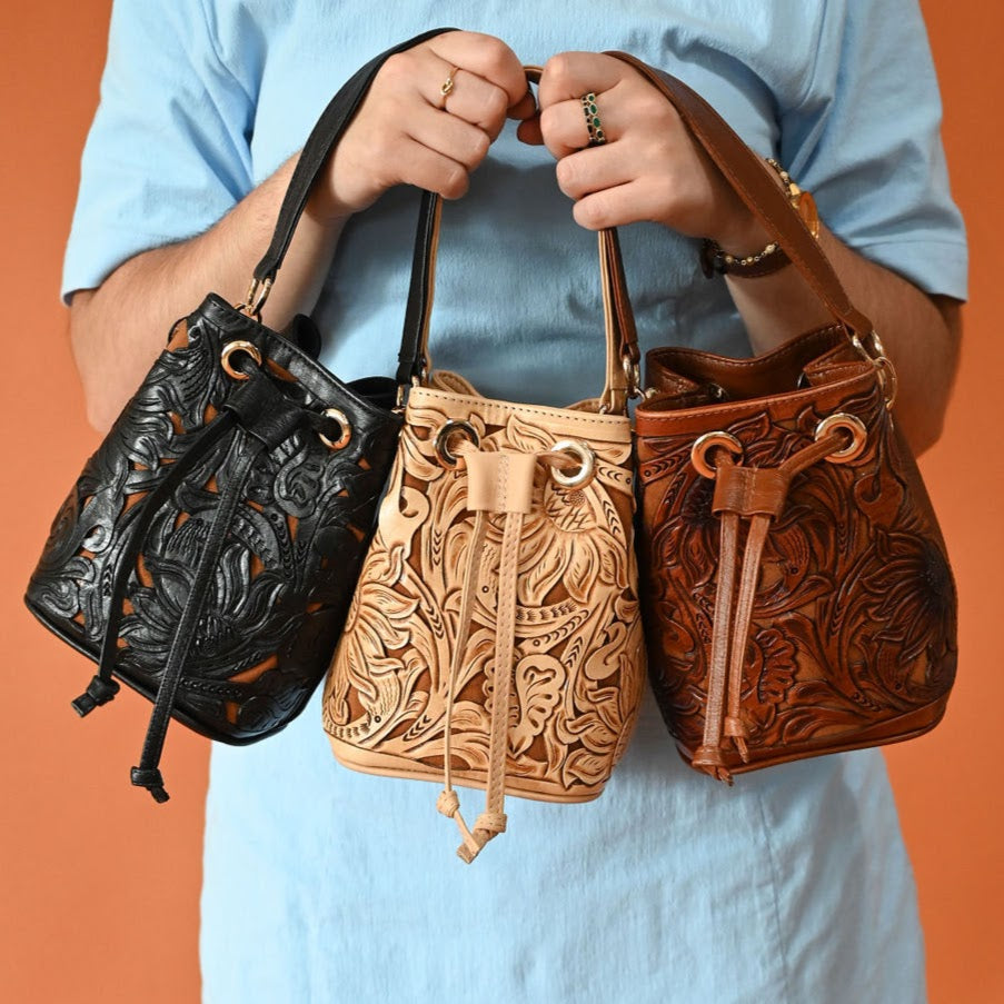 Mercedes Mini Tooled Leather Bucket Bag | Nude