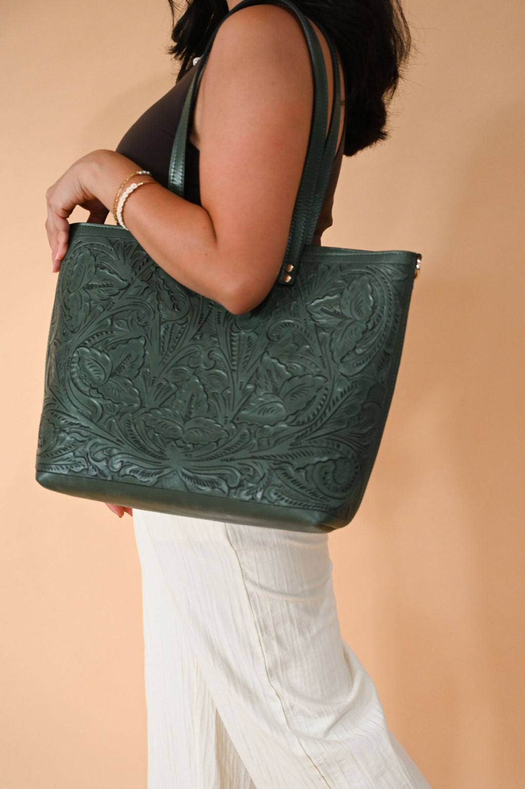 Carolina Tooled Leather Tote | Olive