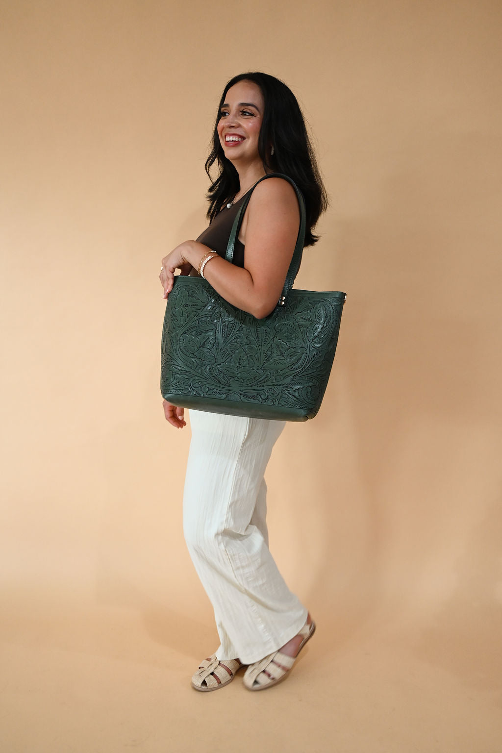 Carolina Tooled Leather Tote | Olive