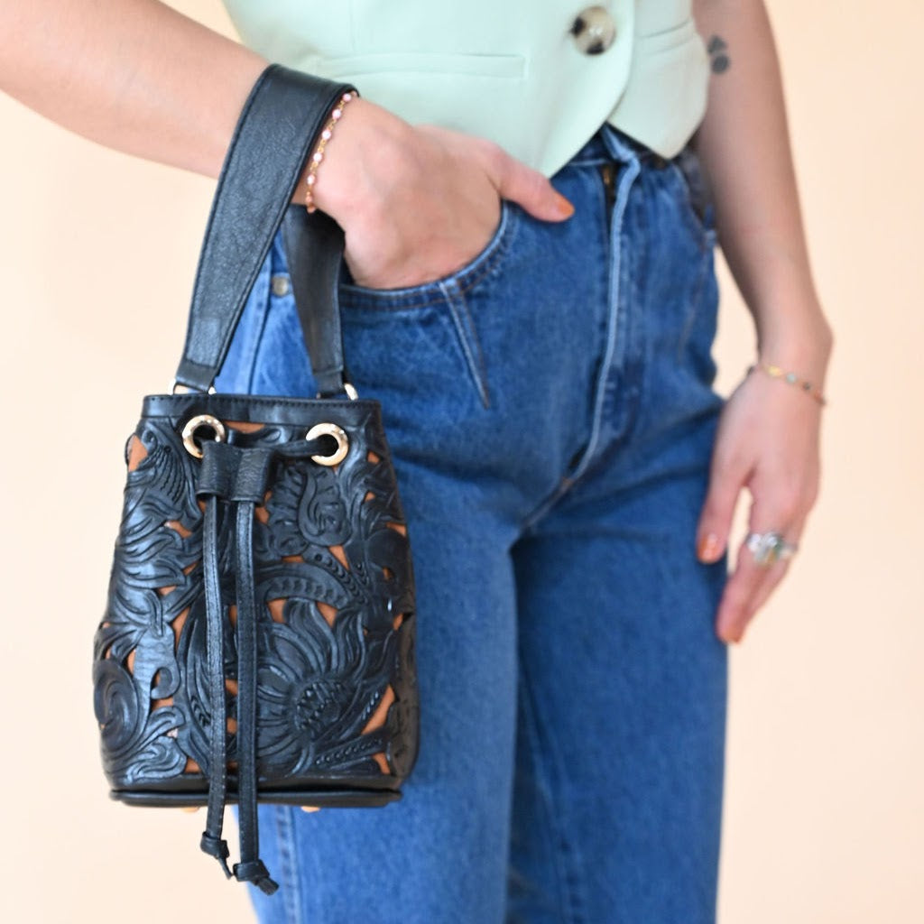 Mercedes Mini Tooled Leather Bucket Bag | Black | Mirasol Accessories