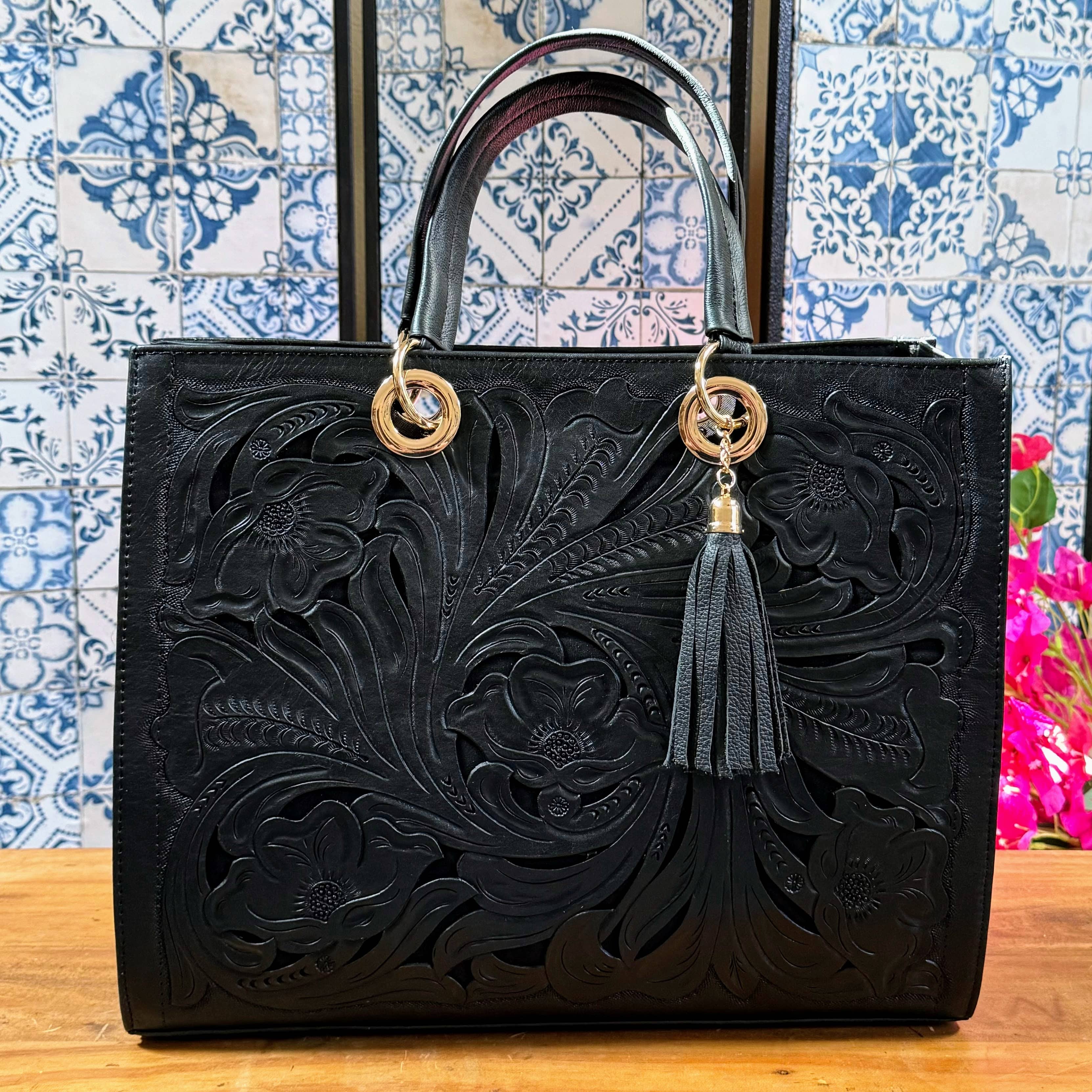 Jacqueline Tooled Leather Tote | Black - Mirasol Accessories