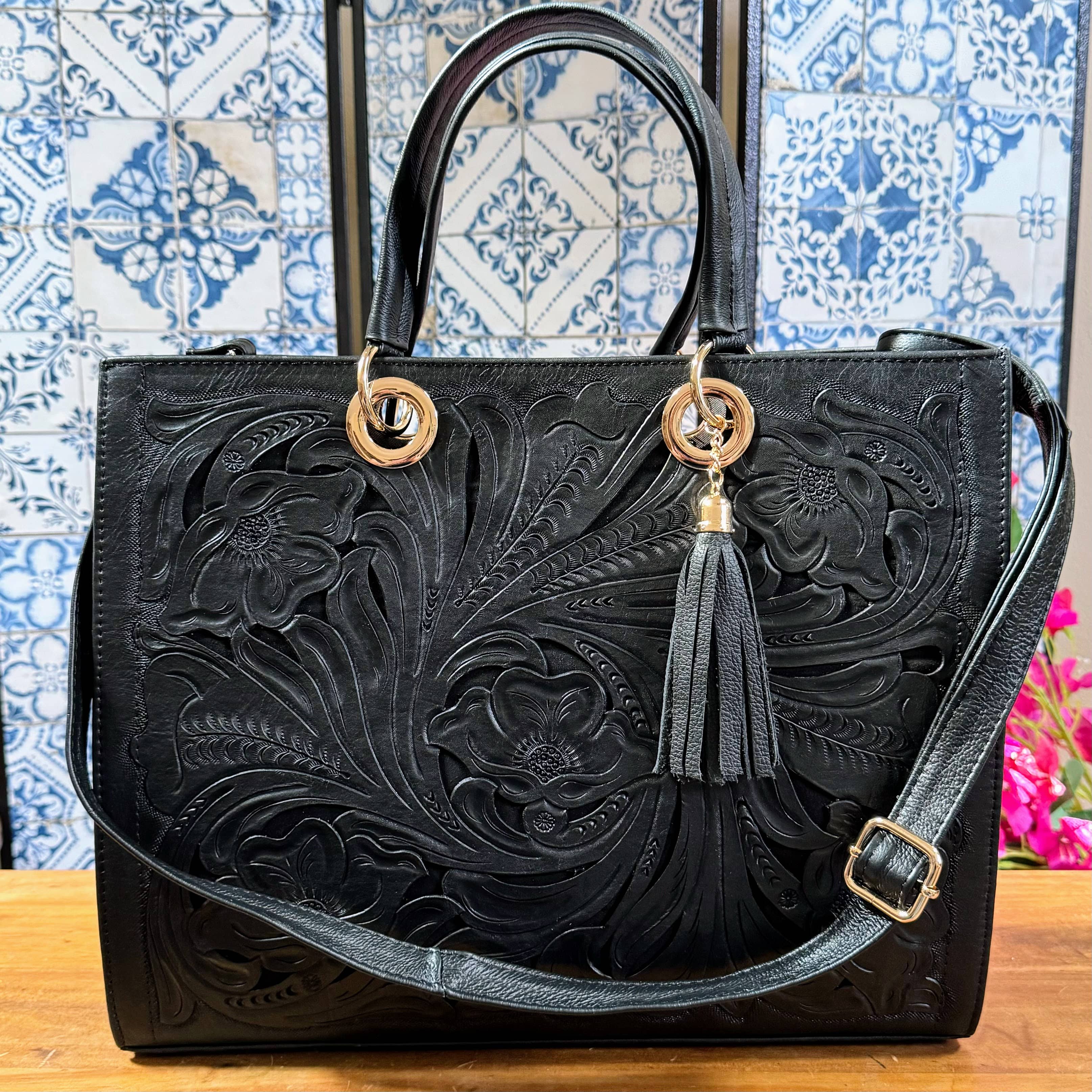 Jacqueline Tooled Leather Tote | Black - Mirasol Accessories