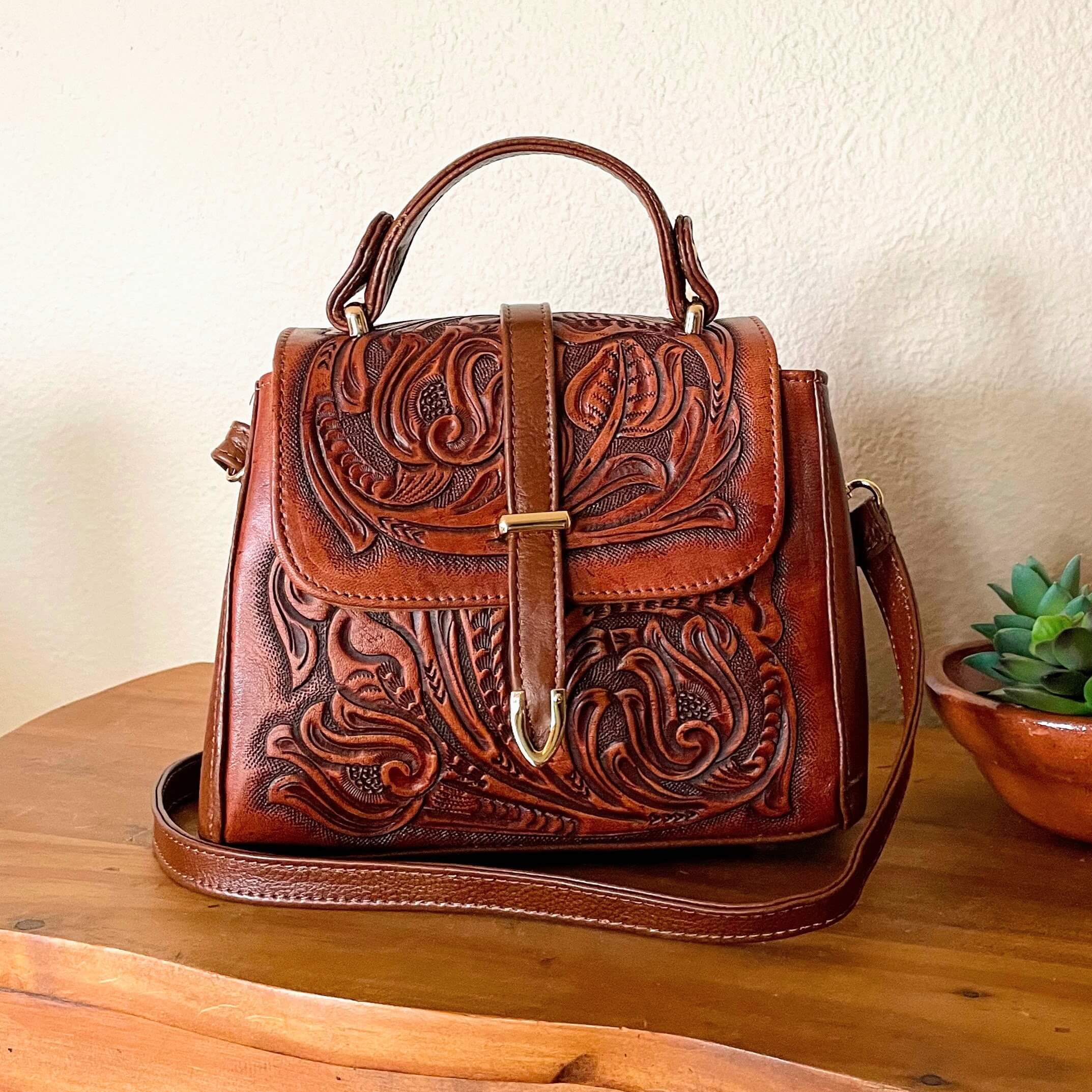 Lourdes Cincelado Leather Handbag Café Mirasol Accessories