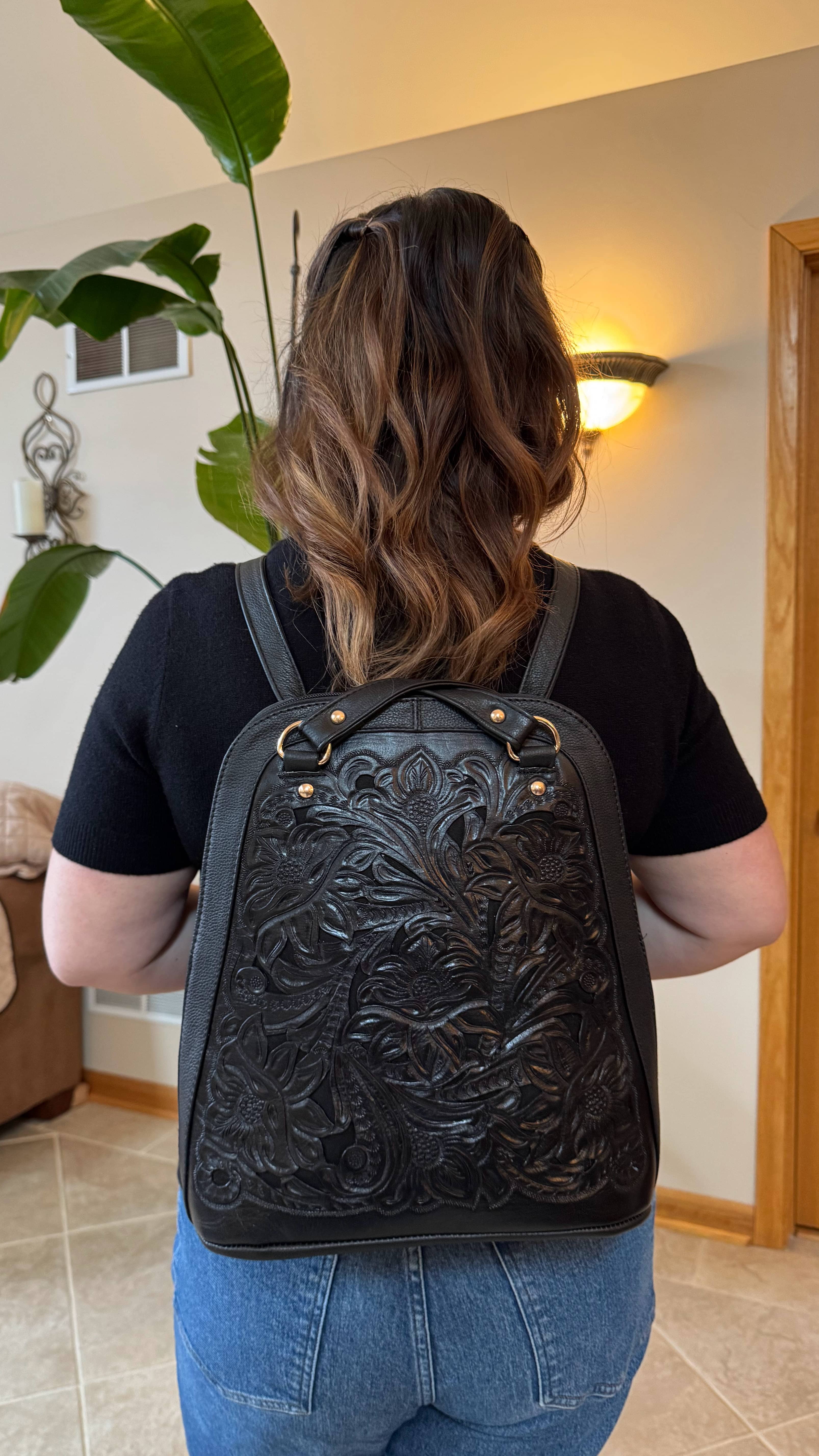 Natalia Tooled Leather Convertible Backpack | Black