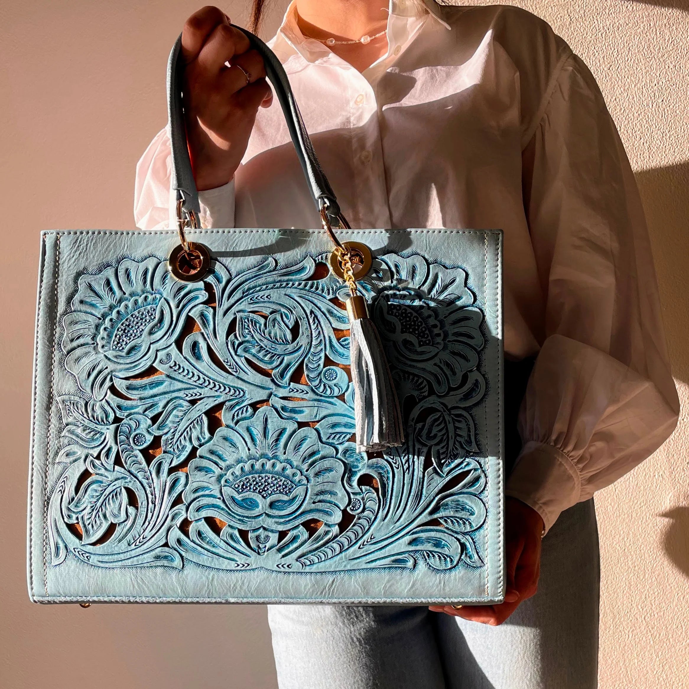 Jacqueline Tooled Leather Tote | Cielo Azul