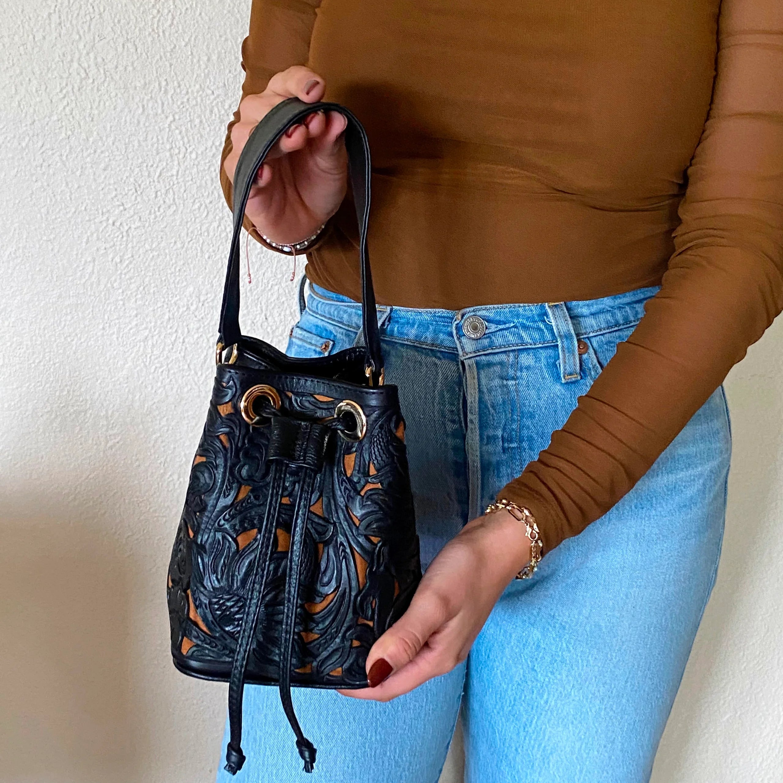 Mercedes Mini Tooled Leather Bucket Bag | Black