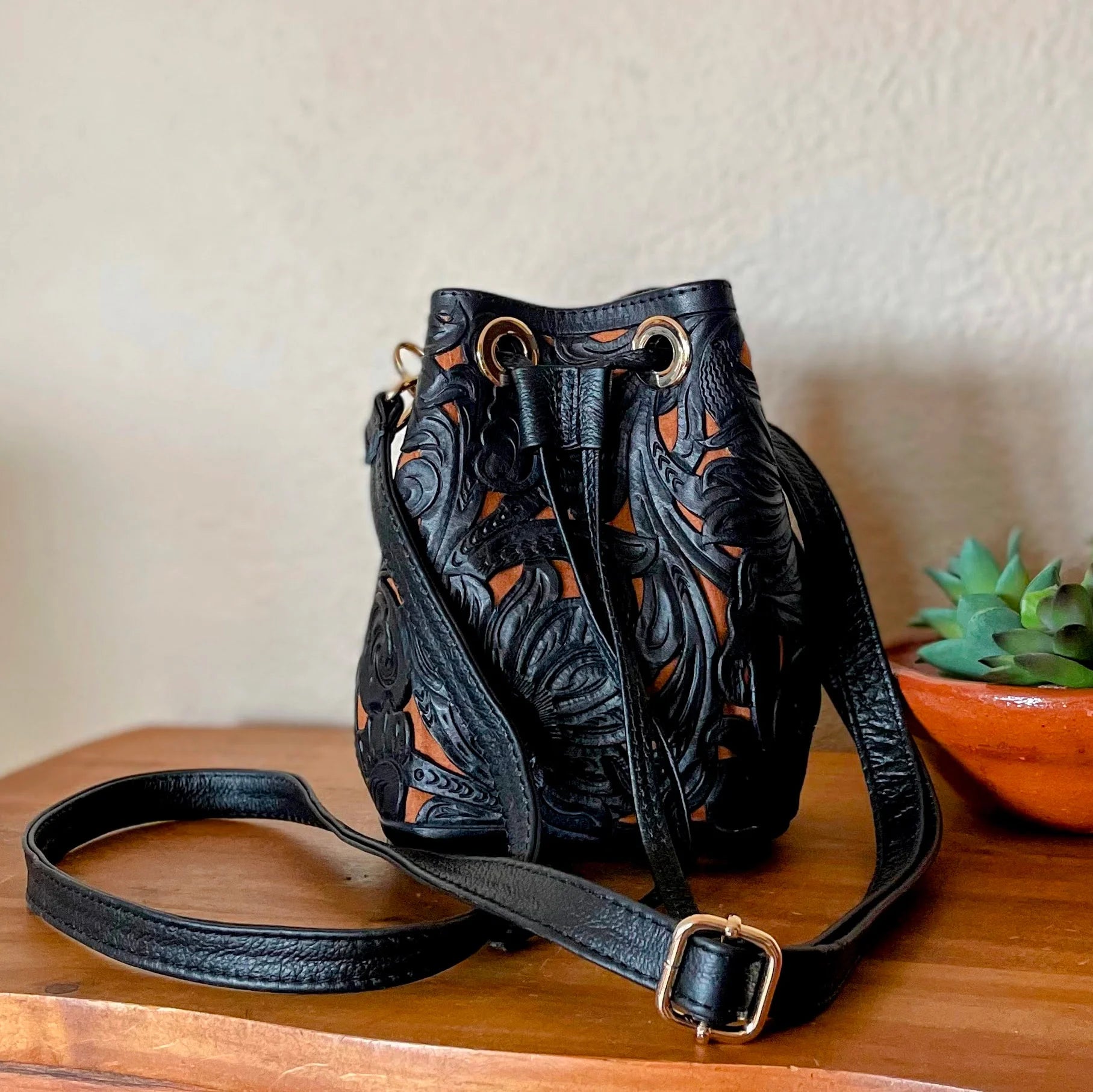 Mercedes Mini Tooled Leather Bucket Bag | Black