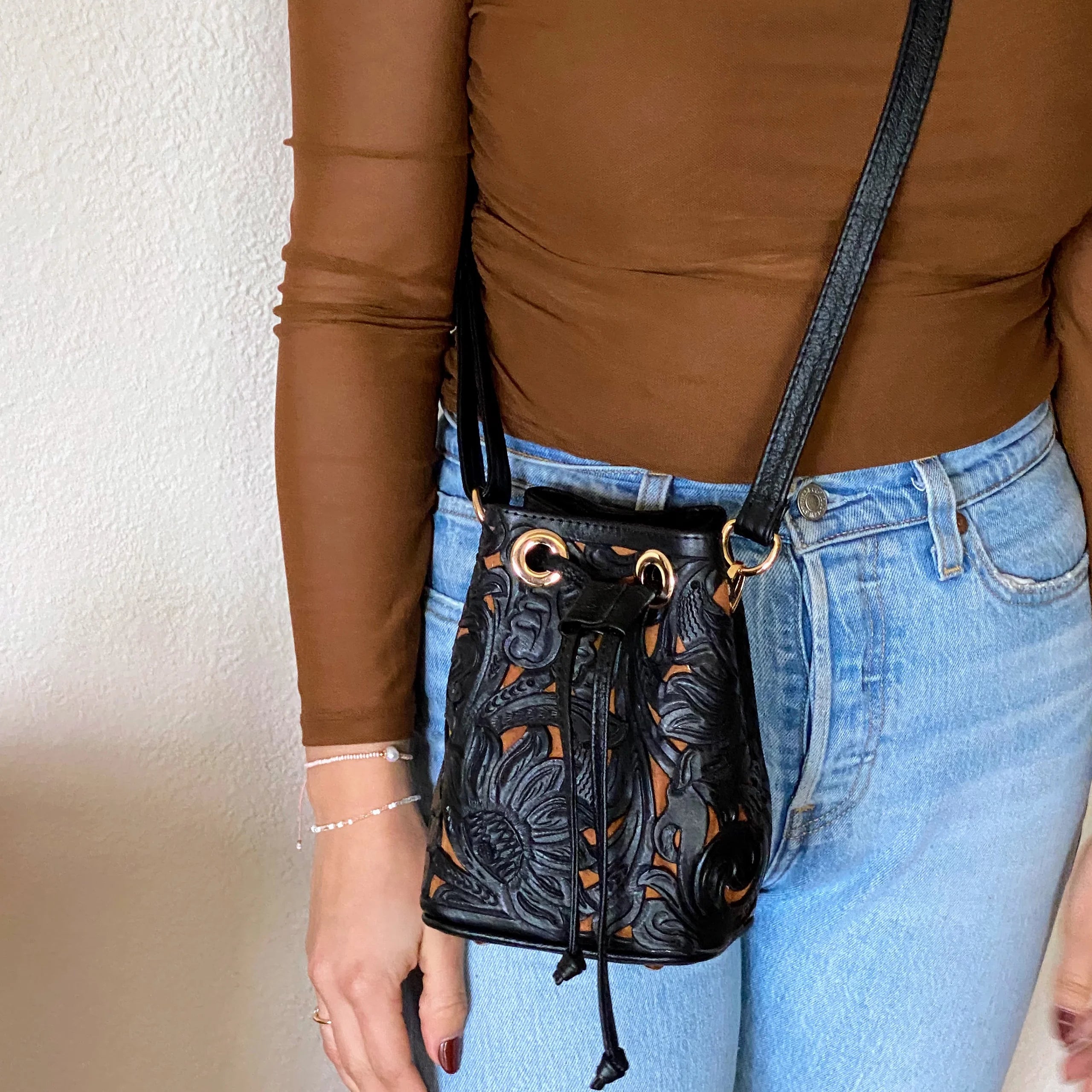 Mercedes Mini Tooled Leather Bucket Bag | Black