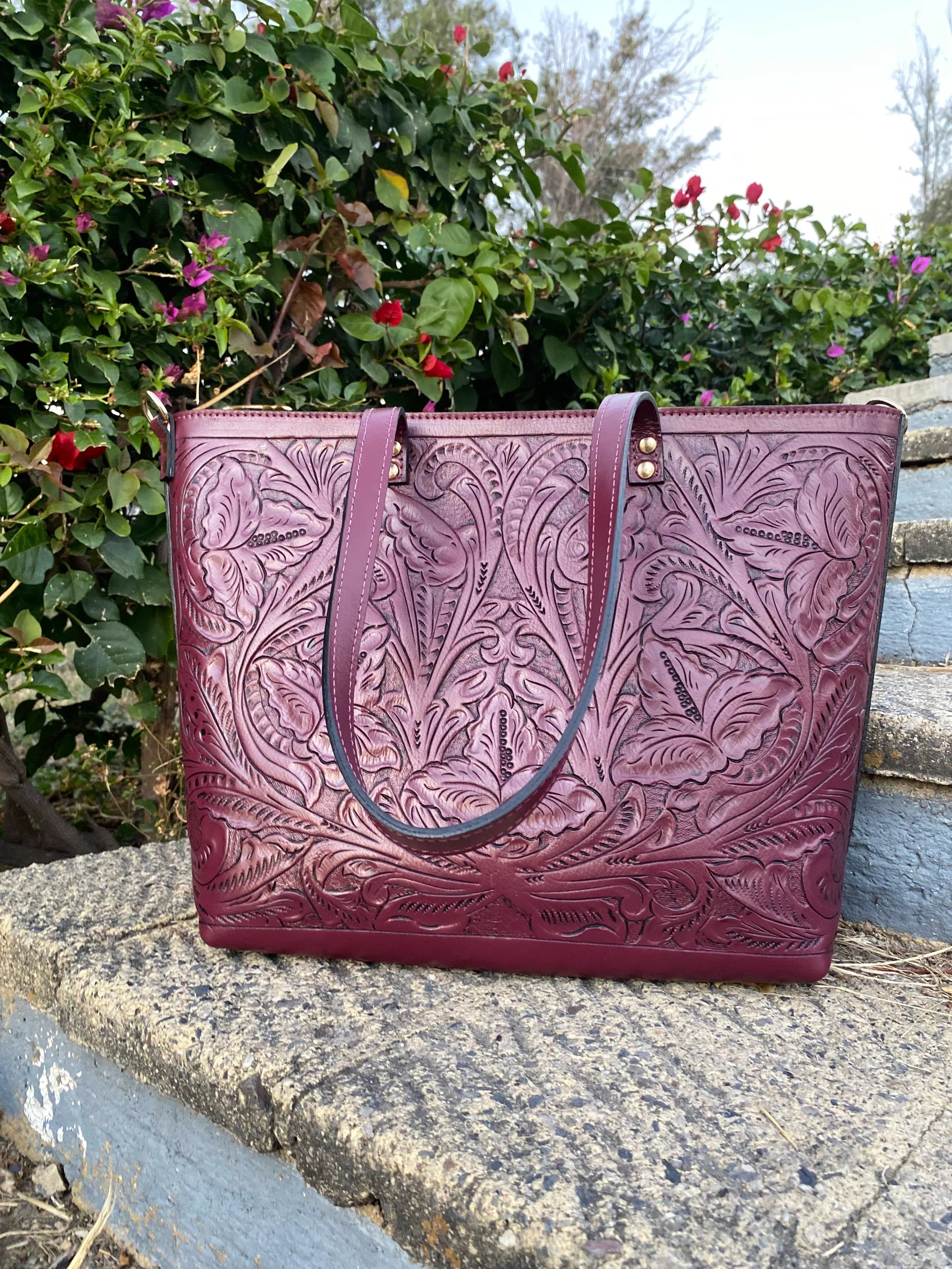 Carolina Tooled Leather Tote | Vino Tinto - Mirasol Accessories