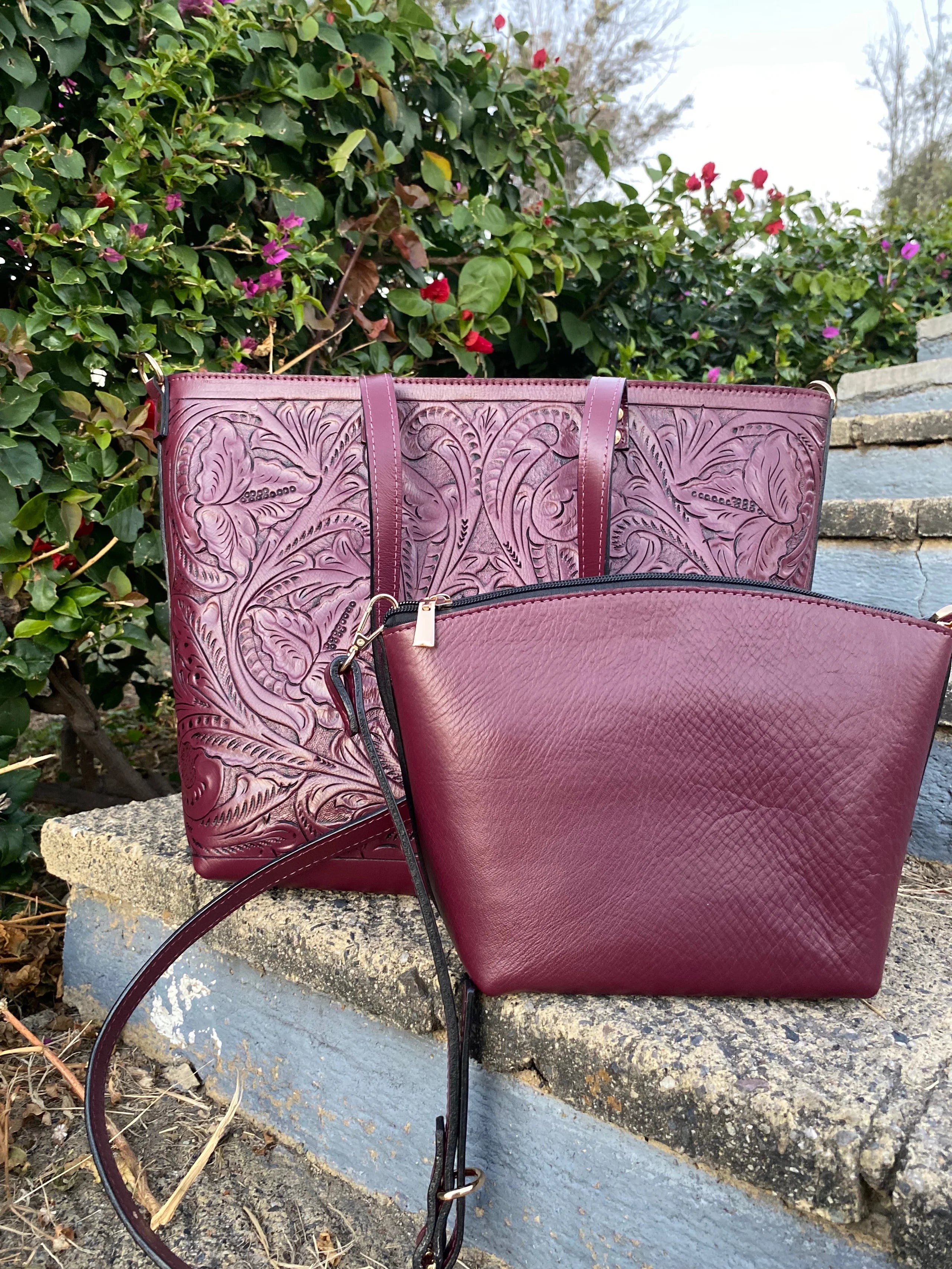 Carolina Tooled Leather Tote | Vino Tinto - Mirasol Accessories