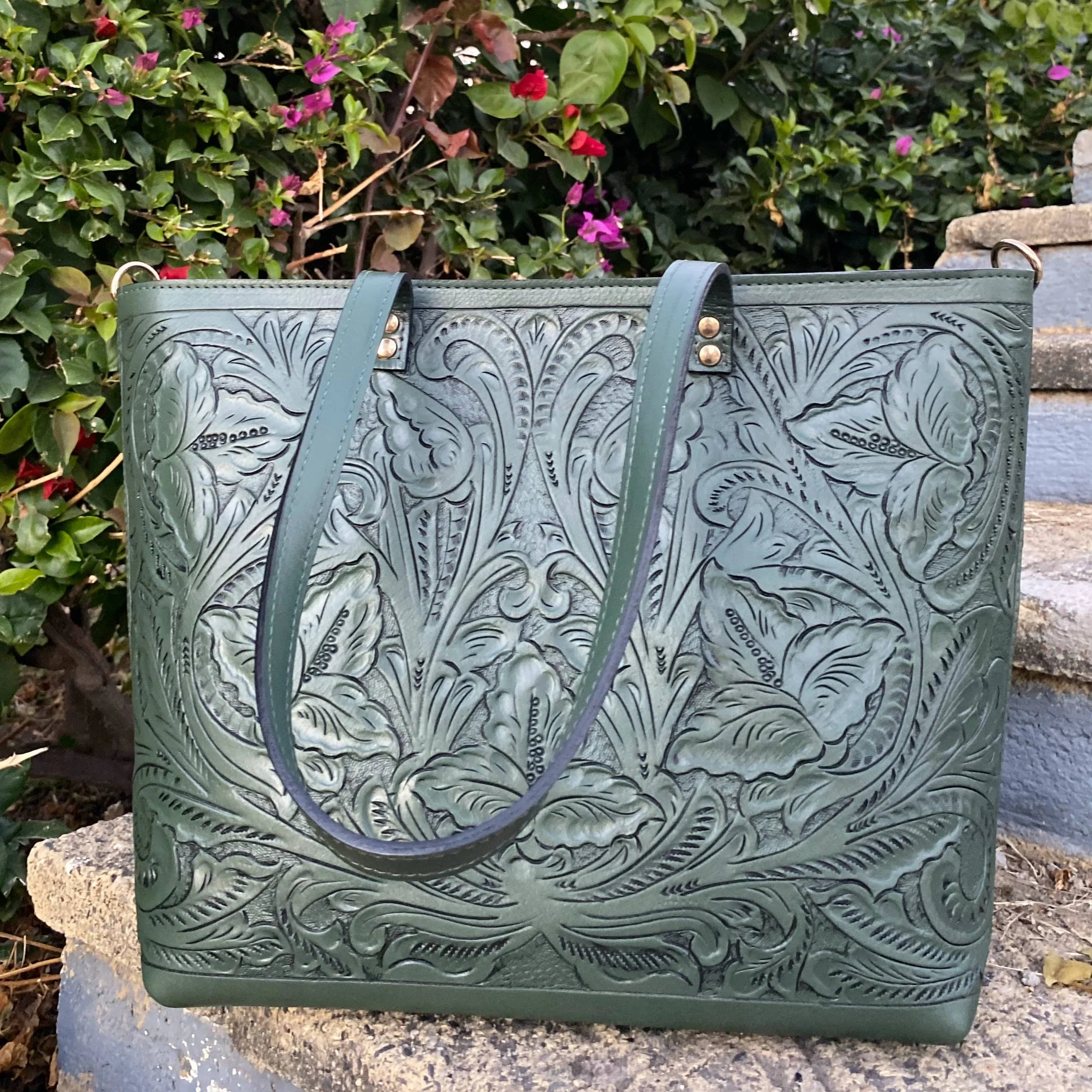 Carolina Tooled Leather Tote | Olive