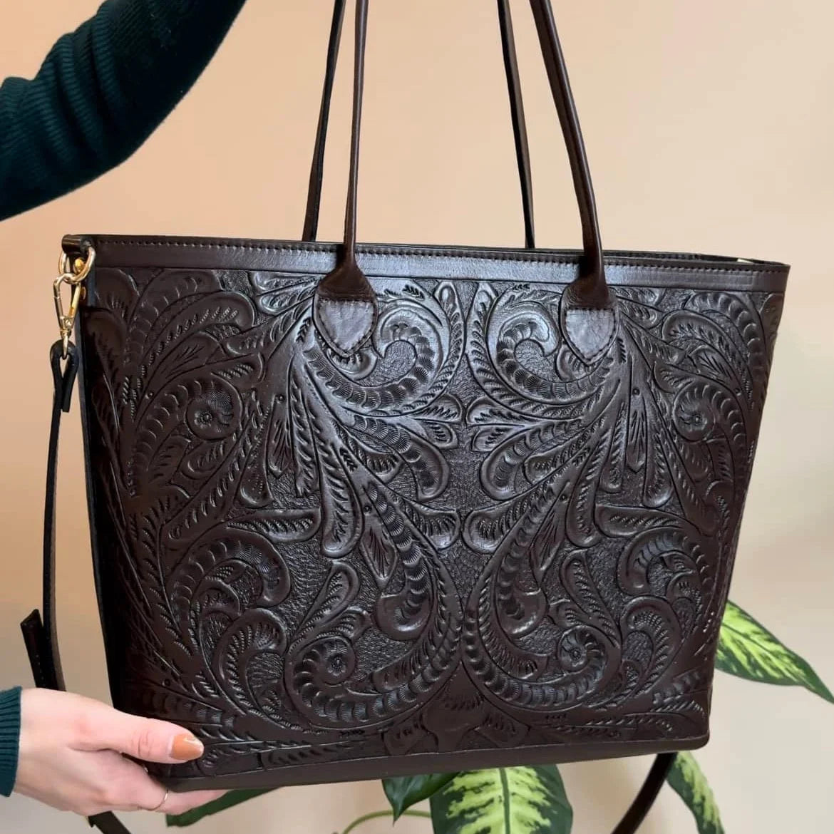 Galilea Tooled Leather Tote Café Chocolate Mirasol Accessories
