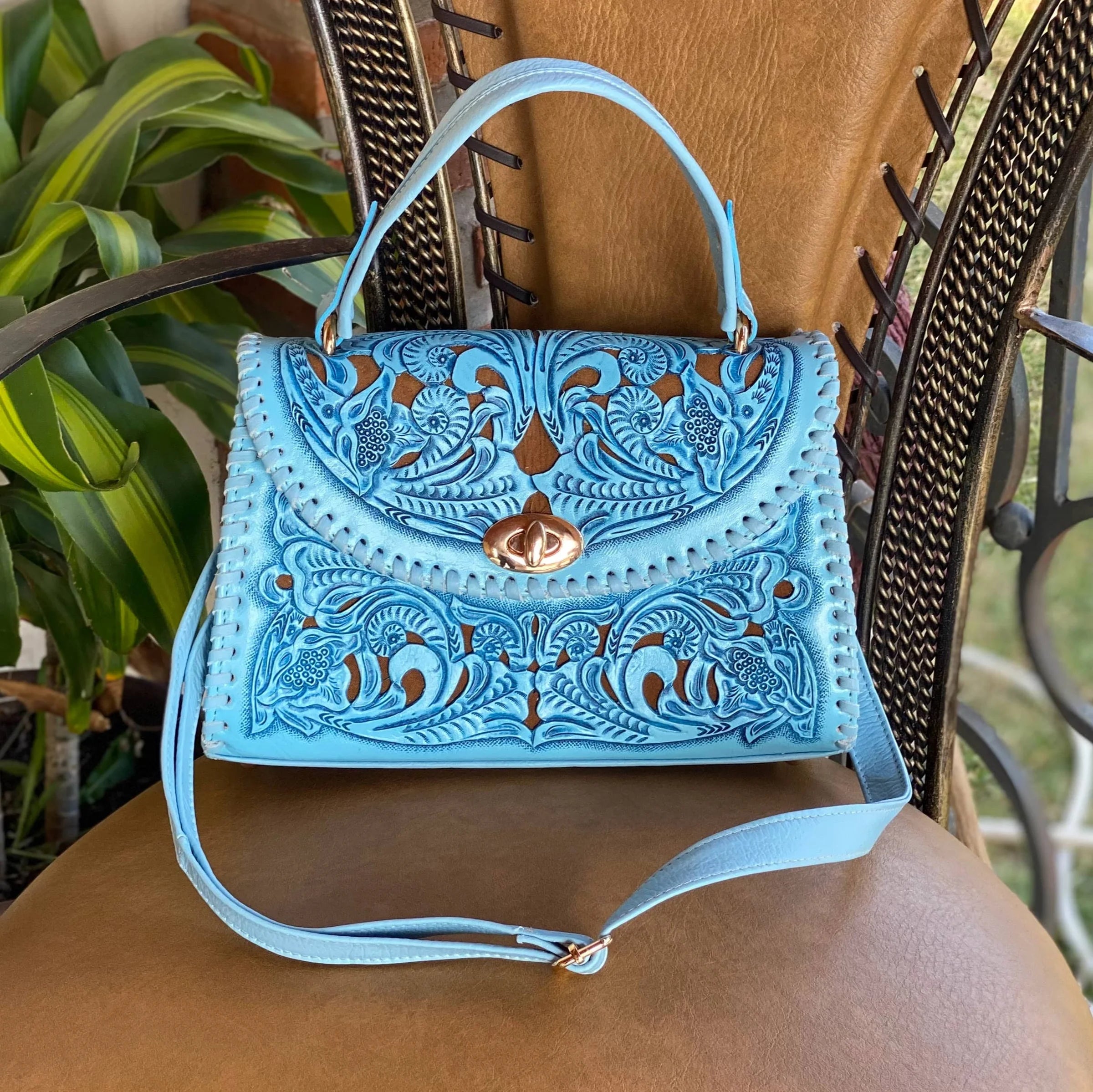 Clara Tooled Leather Crossbody | Cielo Azul